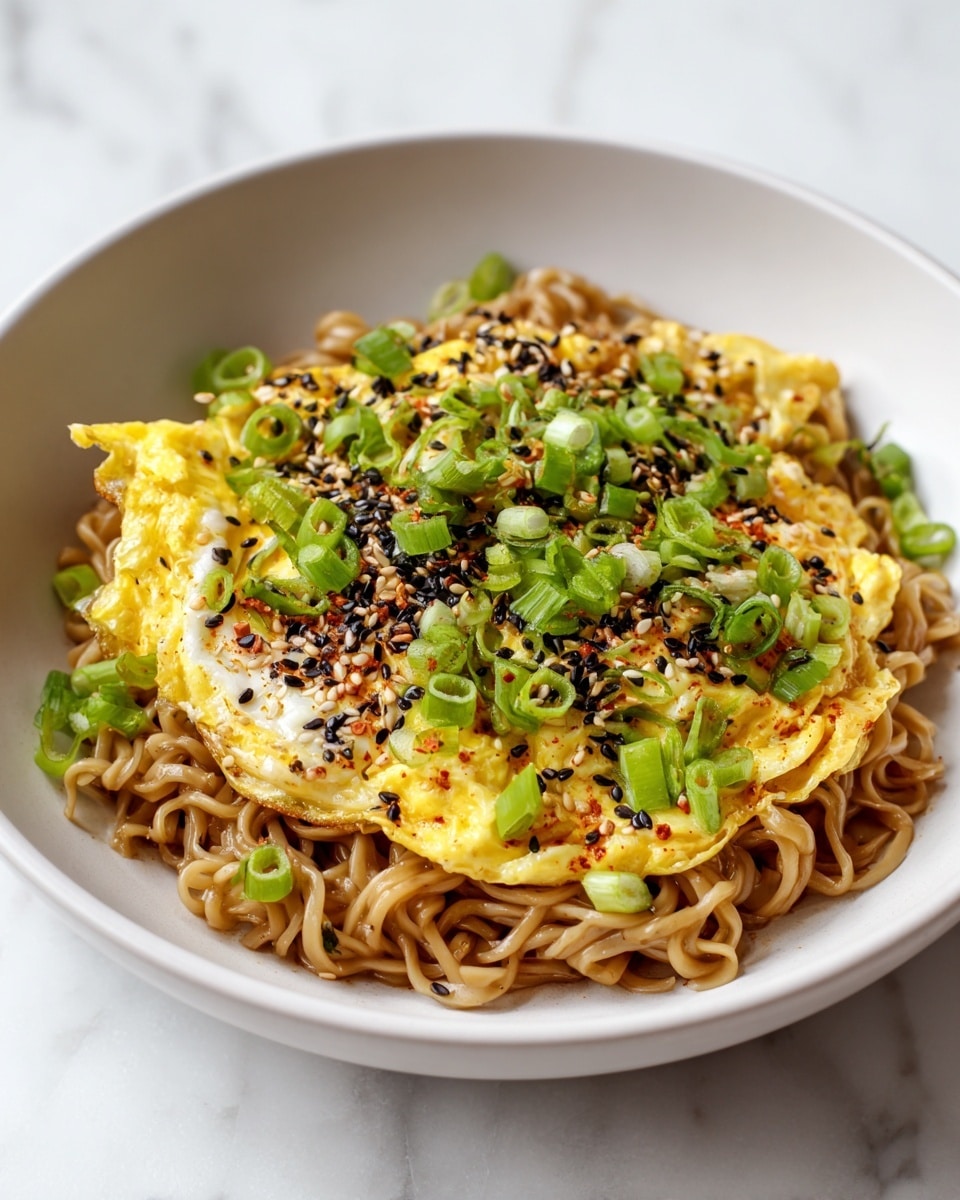 A white bowl holds a single layer of cooked, shiny brown noodles forming the base, topped with a lightly browned, folded yellow egg layer that has a soft texture, sprinkled generously with small black and white sesame seeds and reddish seasoning flakes. Scattered bright green chopped scallions add color contrast and freshness on top. The bowl sits on a surface with a white marbled texture. photo taken with an iphone --ar 4:5 --v 7