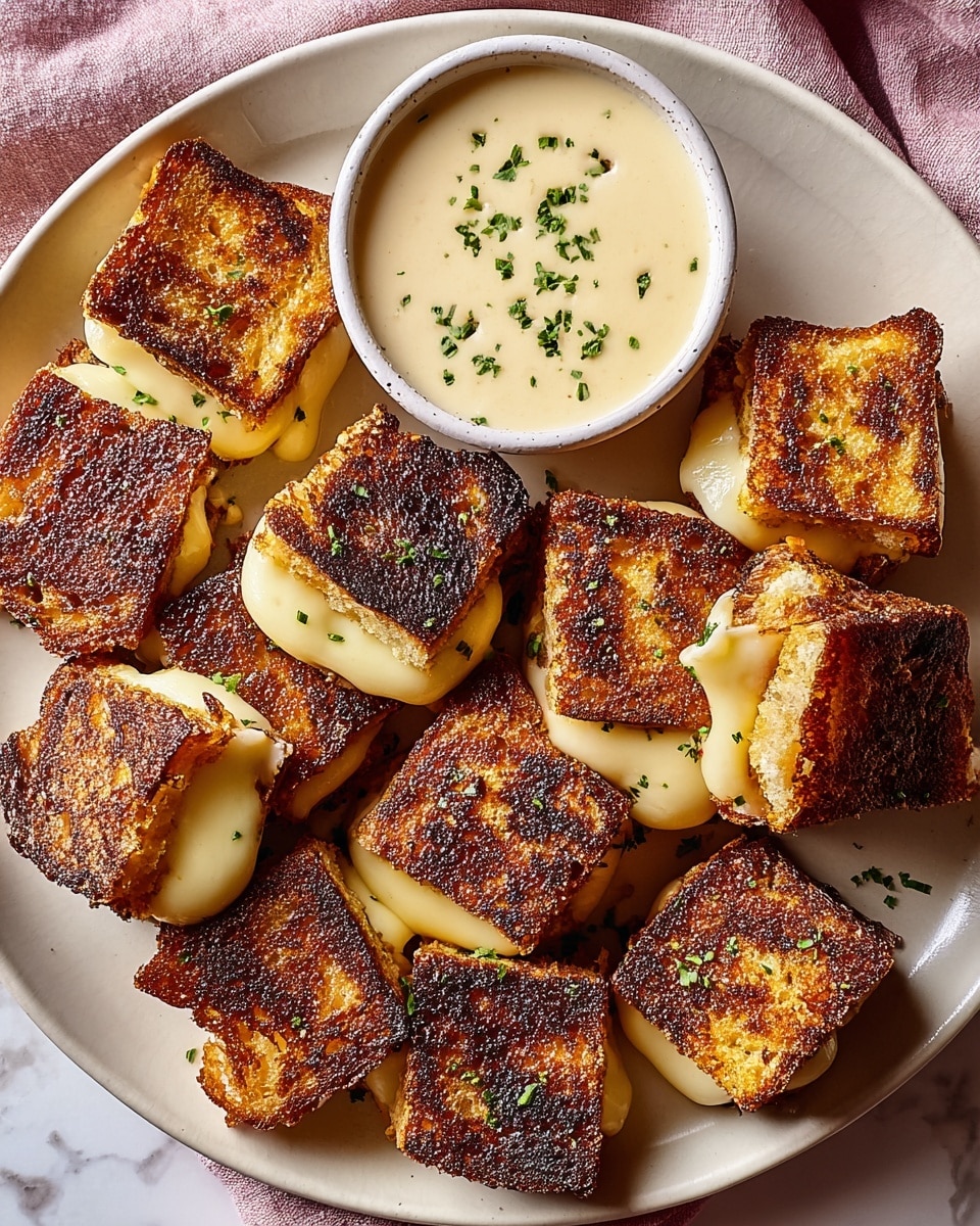 A white plate holds about fourteen small, square grilled cheese sandwiches with dark golden to slightly charred toasted crusts. Each sandwich shows melted cheese oozing out slightly from between the bread slices, which have a crispy, textured surface with a mix of brown shades from light to dark. Green herbs are sprinkled lightly over the sandwiches, adding small flecks of color. At the top center of the plate is a small white bowl filled with a creamy pale yellow dipping sauce, also sprinkled with herbs. The plate rests on a soft pink cloth, with a white marbled surface below. photo taken with an iphone --ar 4:5 --v 7