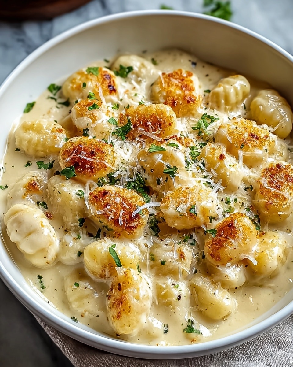 A white bowl filled with a creamy dish consisting of gnocchi pieces coated in a smooth, pale yellow cheese sauce. The gnocchi are soft and plump, sitting in a thick layer of creamy sauce at the bottom. On top, there are golden-brown toasted spots on some gnocchi, giving a crispy texture contrast. Small green parsley leaves are sprinkled evenly over the dish, adding a fresh color detail. Grated cheese dusts the top layer lightly, enhancing the creamy, rich look. The bowl rests on a white marbled surface with a piece of cloth slightly visible under the bowl edge. photo taken with an iphone --ar 4:5 --v 7