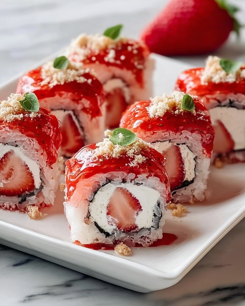 Six pieces of sushi are arranged in two rows on a white rectangular plate, placed on a white marbled surface. Each sushi piece has three main layers: a white rice outer layer with a pinkish tint from the strawberry sauce, topped with crispy light brown crumbs, a middle layer of bright red strawberry slices, and a creamy white center likely cream cheese. Small green leaves are garnishing two sushi pieces on top, creating a fresh contrast. The overall look is colorful with a combination of red, pink, white, and light brown textures. photo taken with an iphone --ar 4:5 --v 7