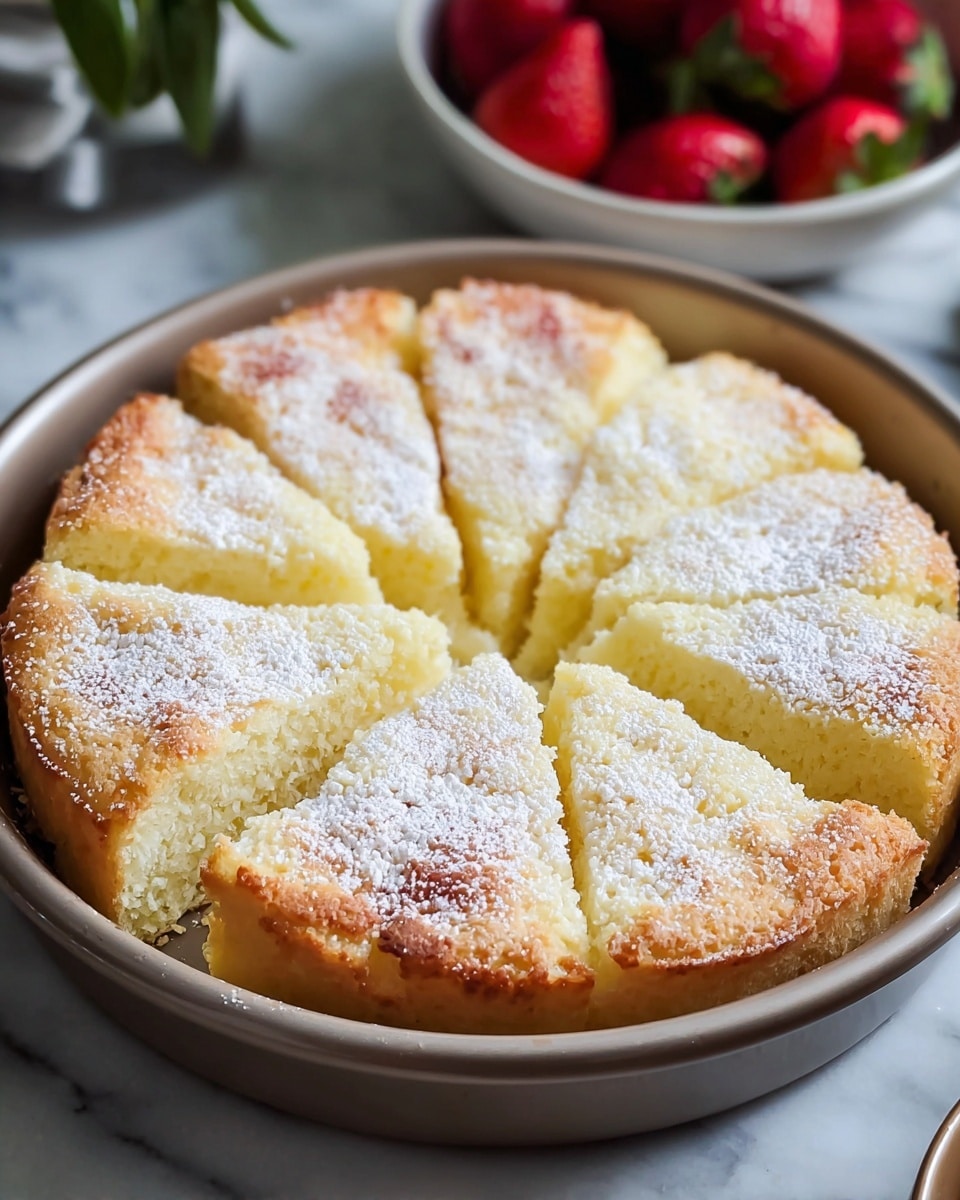 A round soft cake with a golden brown top sits in a white ceramic pan, cut into eight thick slices. The cake has a light and fluffy texture with a dusting of fine white powdered sugar covering the top unevenly. The edges of the cake are slightly raised and browned, while the middle is pale yellow and moist. A white marbled surface is below the pan, and a white bowl with fresh red strawberries and green leaves is blurred in the background. photo taken with an iphone --ar 4:5 --v 7