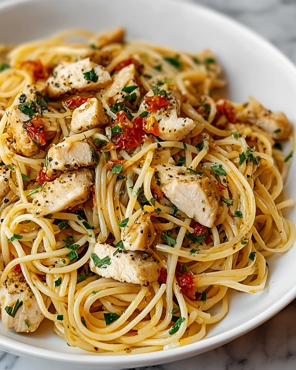 A white plate filled with a serving of spaghetti pasta mixed with chunks of grilled chicken, small pieces of red tomato, and chopped green herbs scattered throughout. The spaghetti strands are light yellow and coated lightly with oil or sauce, interwoven with the tender white chicken pieces that show grill marks and black pepper seasoning. The dish looks fresh and colorful with the red and green bits adding contrast to the creamy colors of the pasta and chicken. The plate is set on a white marbled surface. photo taken with an iphone --ar 4:5 --v 7