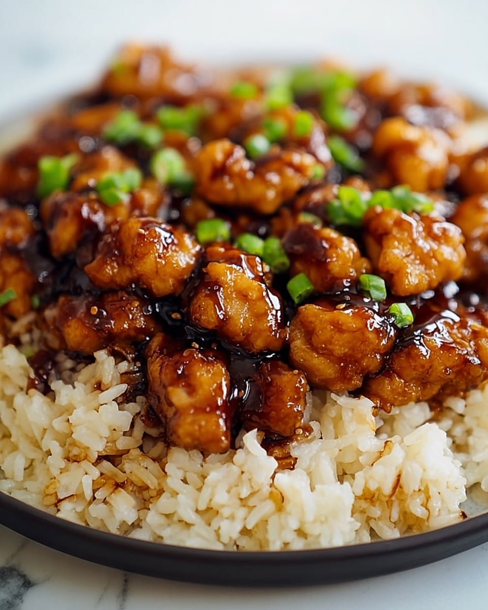A close-up image shows a dish with two main layers on a white plate. The bottom layer is made of cooked rice, with a mix of white and light brown grains, showing a soft and slightly sticky texture. On top, there is a layer of small, glazed chicken pieces with a shiny dark brown sauce giving them a glossy look. Scattered over the chicken are small green onion slices adding bright green spots. The plate is placed on a white marbled surface, enhancing the warm colors of the food. photo taken with an iphone --ar 4:5 --v 7