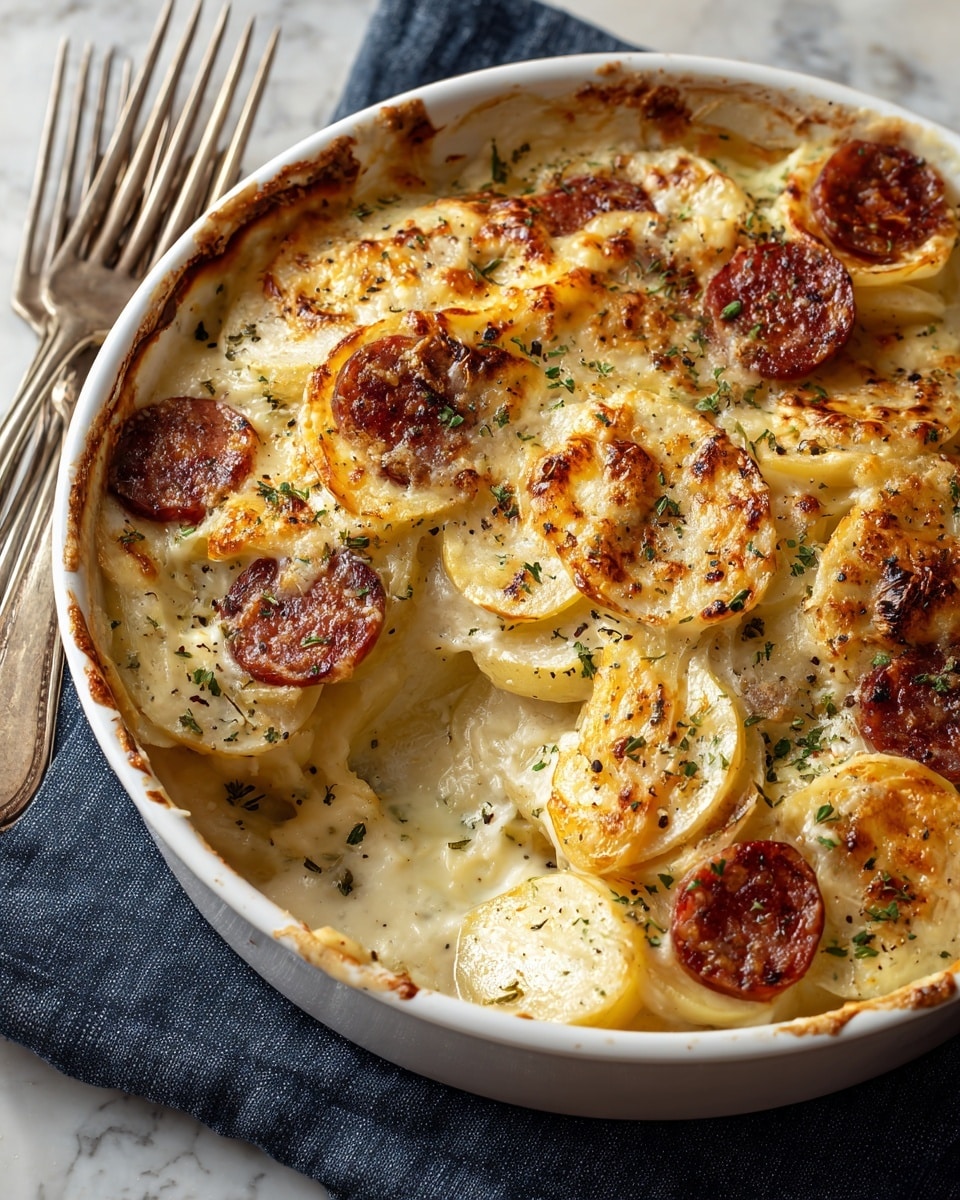 A white round baking dish filled with a layered potato gratin topped with browned and crispy potato slices that are golden yellow with light browning, mixed with creamy white sauce layers underneath. Scattered on top are several round slices of browned sausage, which have a reddish-brown color and a slightly shiny texture. Finely chopped green herbs are sprinkled over the dish, adding green spots for freshness. The dish rests on a blue cloth on a white marbled surface, with several antique silver forks placed near the top left edge. Photo taken with an iphone --ar 4:5 --v 7