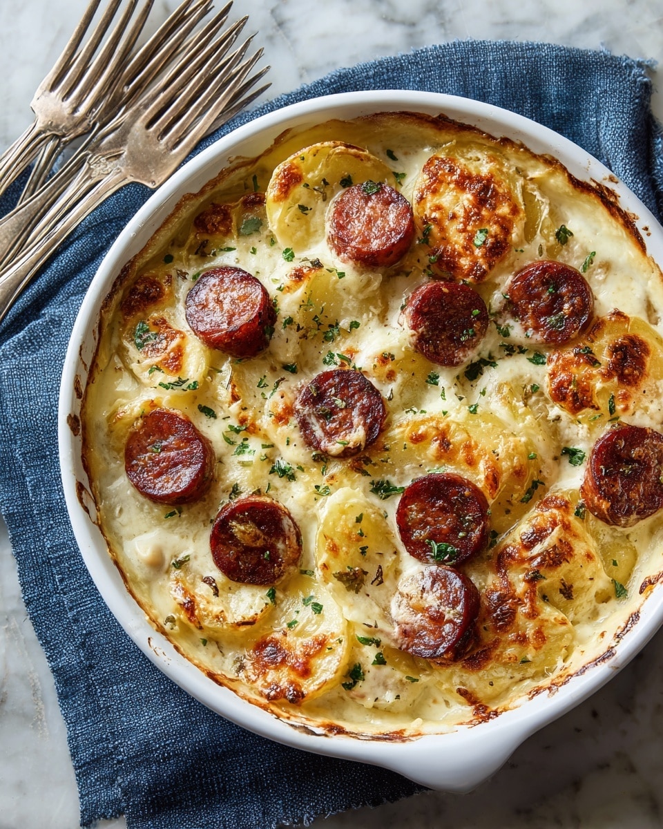 A white round dish filled with a layered potato and sausage casserole showing about three visible layers: the bottom layer has thin, creamy potato slices, the middle layer includes cooked onion slices mixed with more potatoes, and the top layer features golden brown, slightly crispy potato slices along with browned sausage rounds scattered across. The dish is sprinkled with finely chopped green herbs and some black pepper, with edges showing slight browning. The dish sits on a dark blue cloth atop a white marbled surface, and old silver forks are placed nearby. Photo taken with an iphone --ar 4:5 --v 7