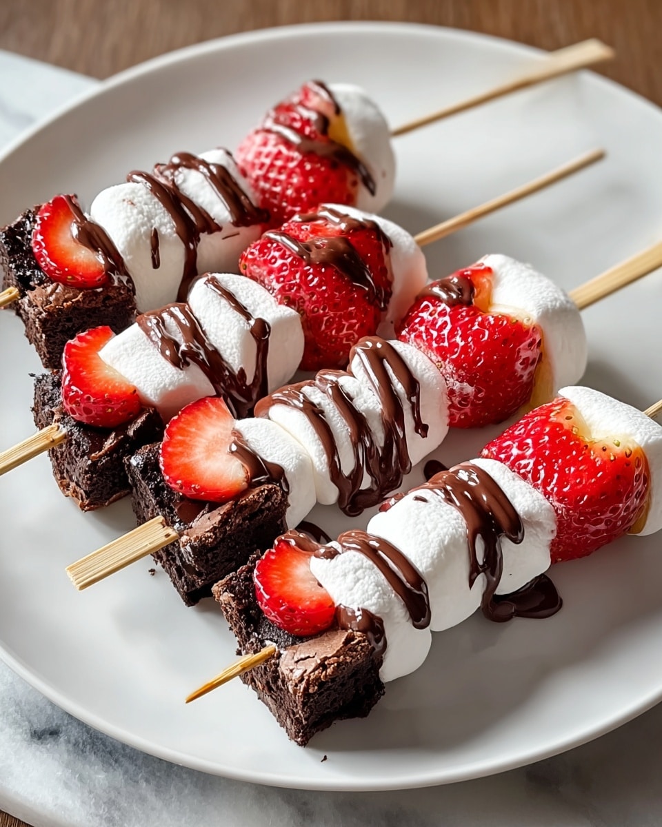Four wooden skewers are placed on a white plate over a white marbled surface, each skewer layered from bottom to top with a dark brown brownie piece that looks slightly crumbly, followed by a soft white marshmallow, then a bright red strawberry slice, another marshmallow, another strawberry slice, and finally drizzled with shiny dark chocolate sauce on top, creating a colorful and textured look. photo taken with an iphone --ar 4:5 --v 7