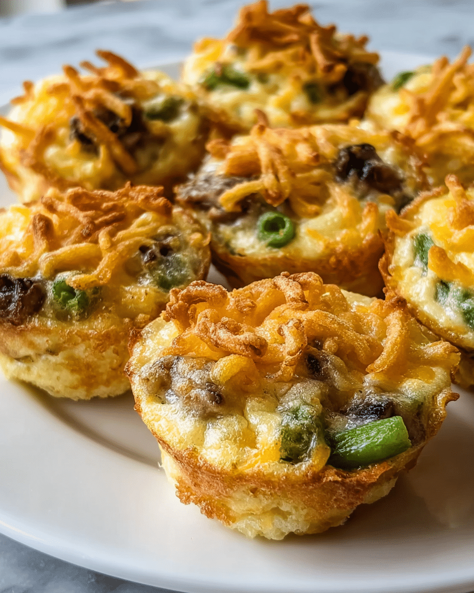 The image shows a close-up of several small baked egg muffins arranged in two rows on a white plate, sitting on a white marbled surface. Each muffin has a golden brown, slightly crispy top layer of shredded cheese and fried onions, with visible green pieces of green beans and darker bits possibly mushrooms or meat mixed inside the soft, light yellow egg base. The muffins have a textured, slightly puffed appearance, with the cheese melted over the top and some parts browned for a crunchy texture. Photo taken with an iphone --ar 4:5 --v 7