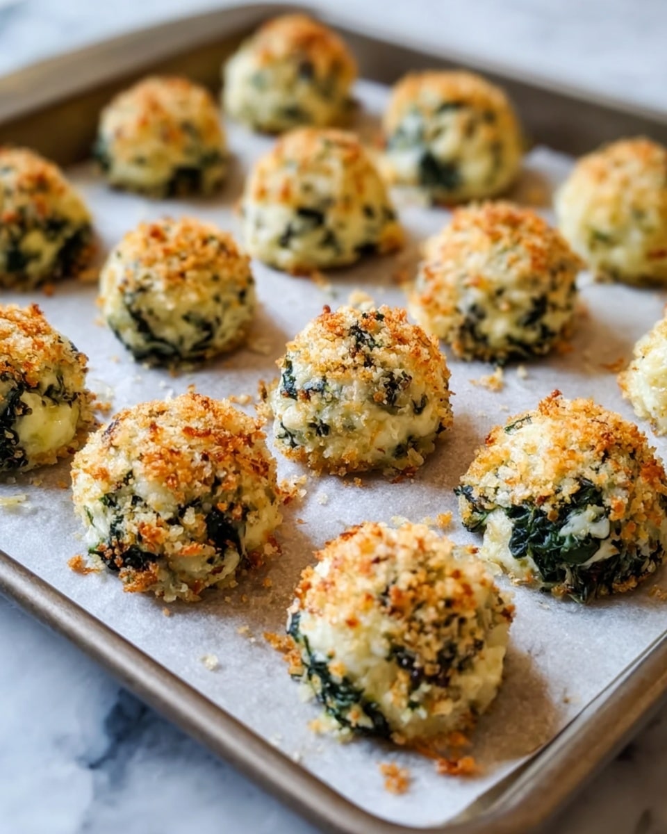 A metal baking tray lined with parchment paper holds multiple small, round baked bites. Each ball has a textured outer layer that is lightly golden brown from baking, topped with crispy, browned crumbs. The base color of each bite is creamy white mixed with visible dark green bits, showing a mix of cheese and spinach. The balls are evenly spaced on the tray, and the overall look is warm and appetizing on a white marbled surface. Photo taken with an iphone --ar 4:5 --v 7