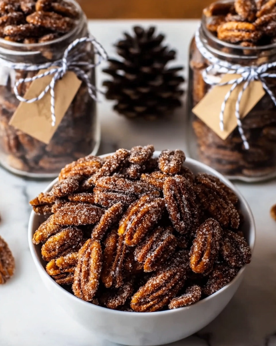 A close-up view of a white bowl filled to the top with dark brown, sugar-coated pecans that have a rough, crunchy texture. The pecans are irregularly shaped, showing their natural ridges and grooves, all covered in a sparkling layer of sugar. Behind the bowl, there are two clear glass jars tied with grey string and small beige tags, also filled with the pecans. A dark pine cone is centered in the background. The whole setup is on a white marbled surface with soft lighting that highlights the sugar crystals on the pecans. Photo taken with an iphone --ar 4:5 --v 7