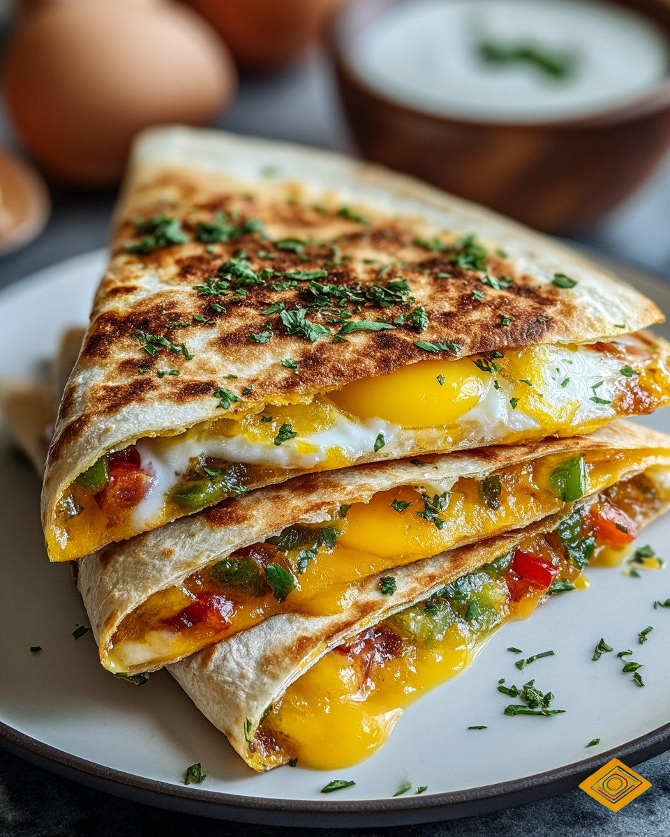 A close-up image of a quesadilla folded in half and cut into two triangular pieces, stacked neatly on a white plate. The top layer shows a golden-browned, slightly crispy tortilla sprinkled with chopped green herbs. Below the tortilla, layers of melted yellow cheddar cheese, bits of red and green bell peppers, and sunny-side-up eggs with runny yolks glisten. Steam suggests the quesadilla is hot and freshly made. The plate sits on a white marbled surface with a small bowl of white sauce blurred in the background. Photo taken with an iphone --ar 4:5 --v 7