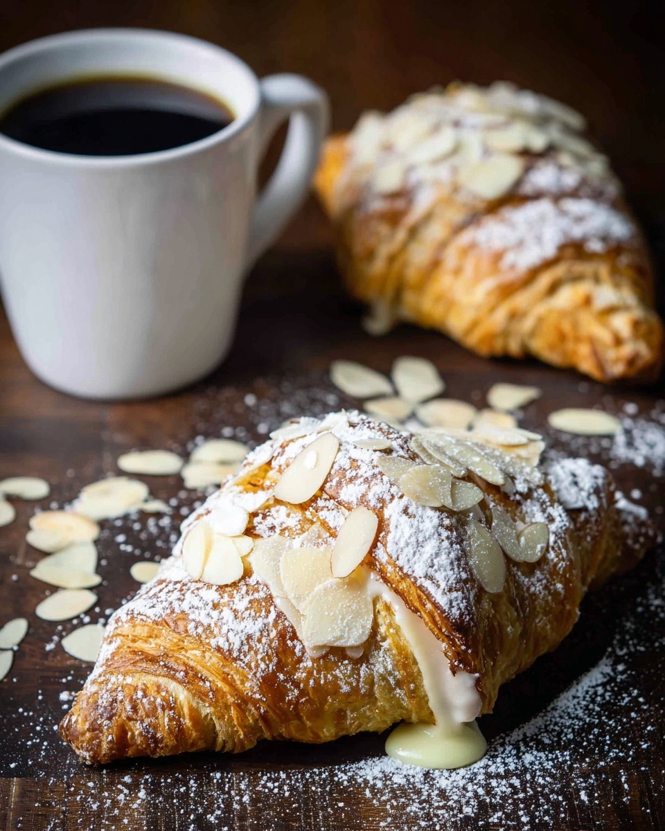 Two golden brown croissants sit on a dark wooden surface with a white marbled texture applied, each topped with a layer of white powdered sugar and thin, pale almond slices, adding a rough texture on top. One croissant is closer to the camera, showing flaky layers with a creamy almond topping dripping slightly down the side. The second croissant is blurred in the background. Behind them, a white cup filled with dark black coffee with a smooth surface is positioned, the handle facing right. Scattered almond slices and powdered sugar sprinkle around the croissants. Photo taken with an iphone --ar 4:5 --v 7