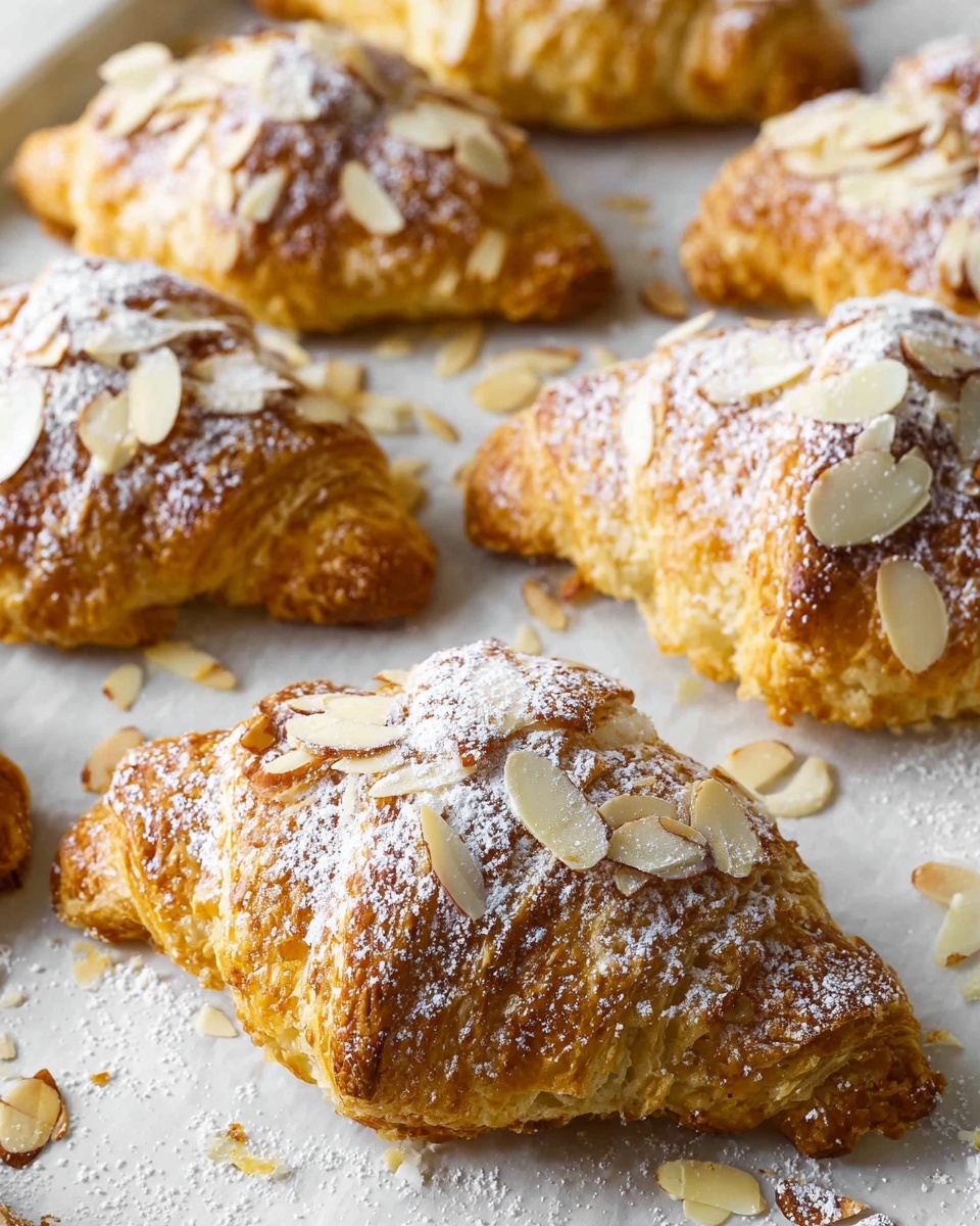 The image shows several golden-brown croissants topped with thin almond slices and a light dusting of white powdered sugar. Each croissant has visible flaky layers and a slightly crisp texture with the almonds scattered unevenly but generously on the surface. The pastries are placed on a white marbled baking sheet with a few almond slices and powdered sugar bits scattered around them, giving a fresh-from-the-oven look. The overall tone is warm and inviting, emphasizing the crispiness and layered texture of the croissants. photo taken with an iphone --ar 4:5 --v 7