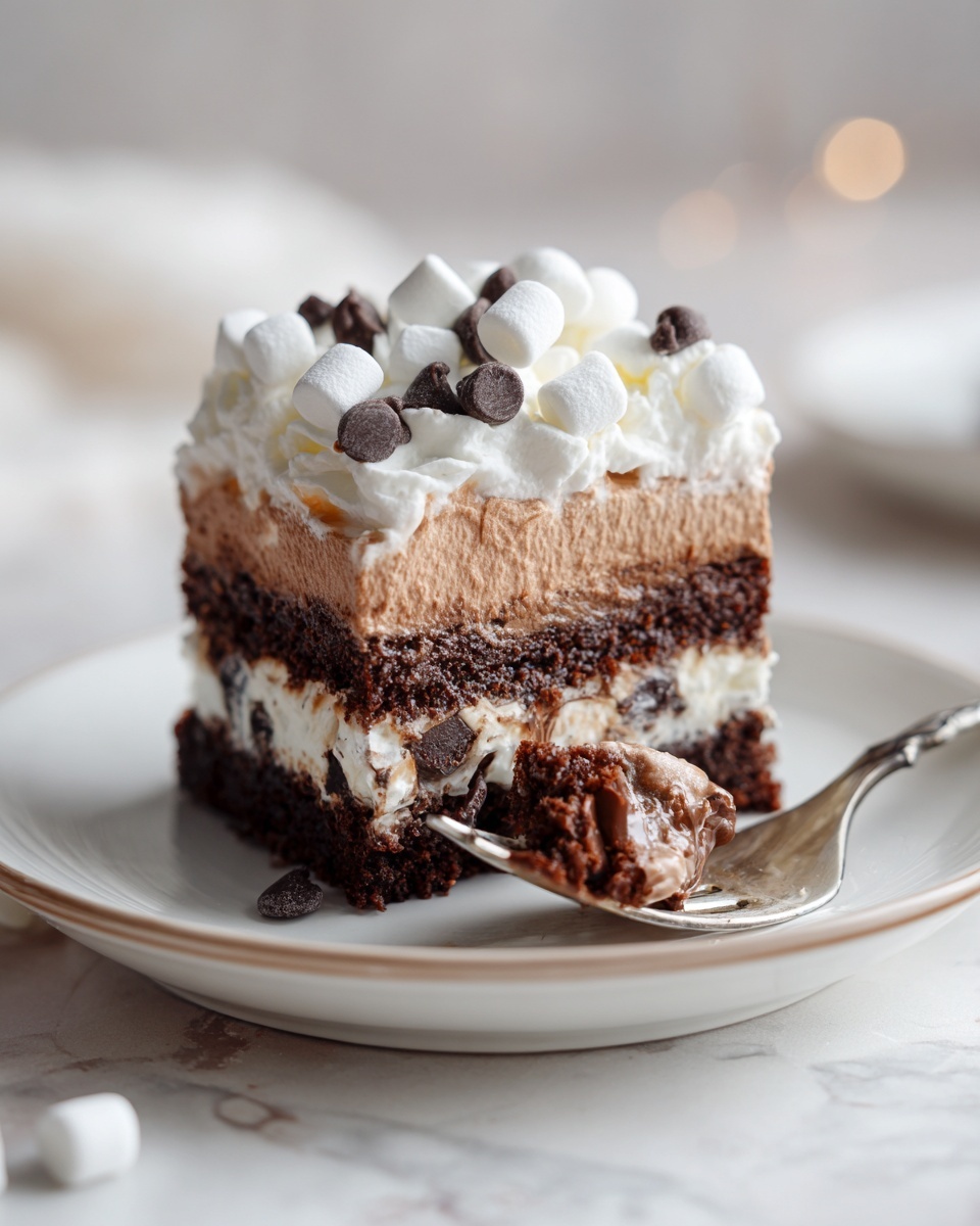 A square piece of chocolate cake sits on a white plate with a light edge line, showing three layers: a dark, moist chocolate cake base, a middle layer filled with gooey melted chocolate chunks mixed with a creamy white filling, and a thick top layer of light brown whipped frosting. The frosting is decorated with small white mini marshmallows and dark chocolate chips scattered evenly on top. A fork holds a bite-sized portion of cake with visible gooey chocolate and frosting. The scene is on a white marbled surface with soft lighting, photo taken with an iphone --ar 4:5 --v 7