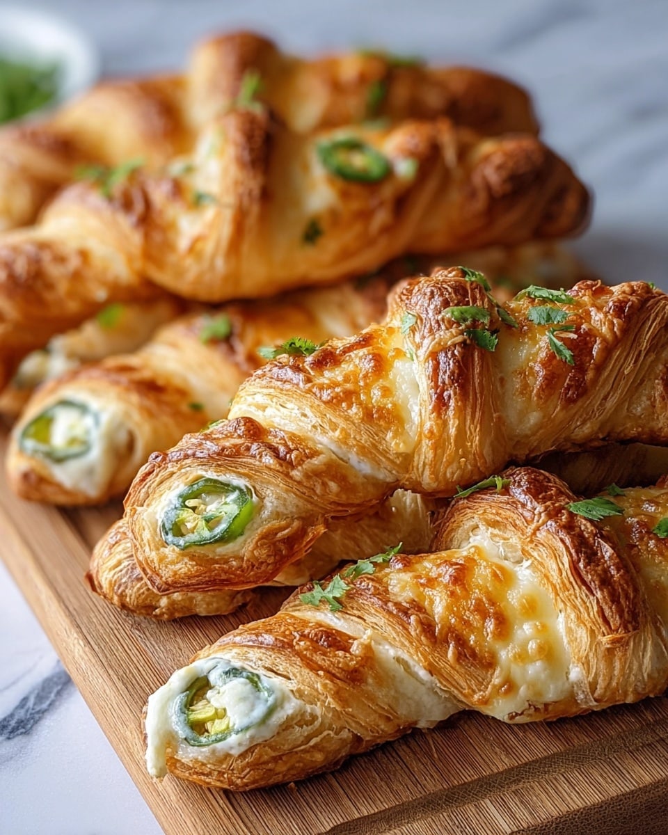 The image shows several golden brown croissants arranged closely on a wooden board, each with a shiny, flaky crust and visible layers. Each croissant is filled with a white creamy cheese layer mixed with small green herbs and slices of bright green jalapeño peppers, peeking out from the middle. The croissants have a twisted shape and some melted cheese baked on the surface, giving a textured look. Small pieces of chopped green herbs are sprinkled on top, adding color contrast. The background has a white marbled texture. photo taken with an iphone --ar 4:5 --v 7