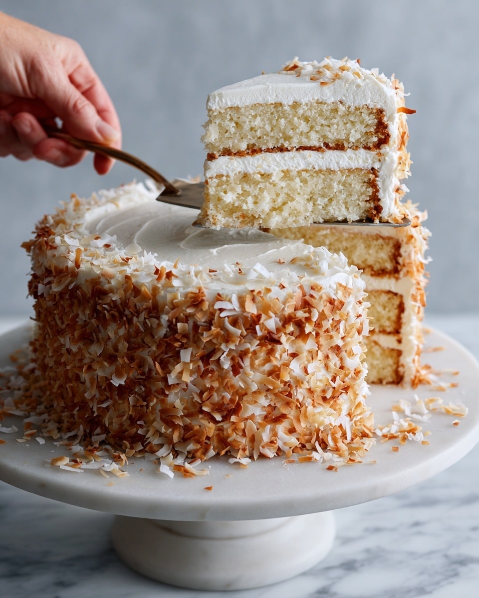 A white frosted cake sits on a white cake stand over a white marbled surface. The cake has two layers visible with thick, smooth white frosting on top and between layers. The sides of the cake are covered densely with toasted coconut flakes that are golden and brown, giving a crunchy texture. A cake slice is being lifted by a spatula with a woman's hand, showing the toasted coconut flakes falling onto the white marbled surface below. The frosting looks creamy and evenly spread. photo taken with an iphone --ar 4:5 --v 7