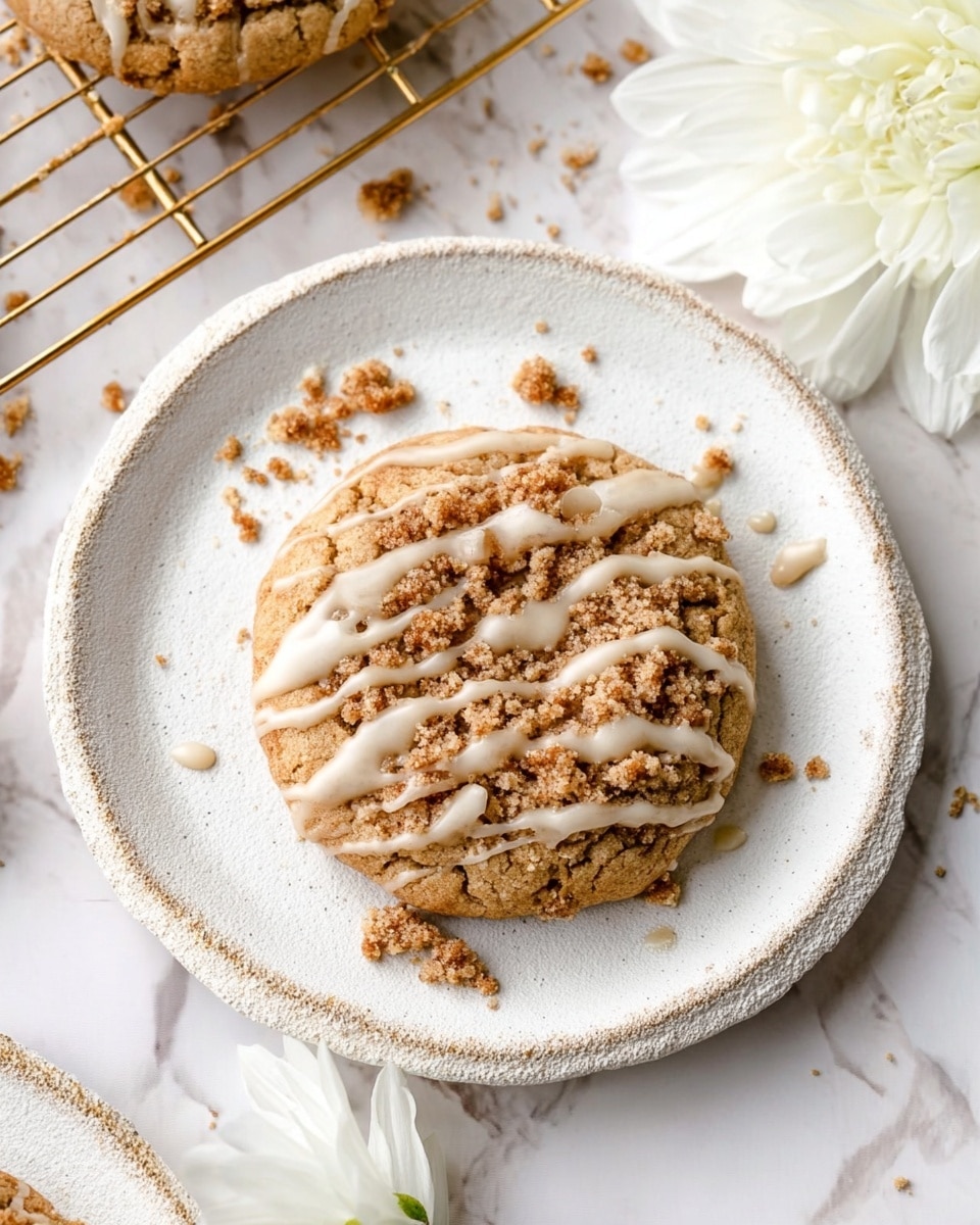 A close-up of a single round cookie placed in the center of a white plate with a rough textured rim. The cookie is light brown with a crumbly topping of darker brown streusel scattered unevenly on the top and around the plate. A cream-colored glaze is drizzled across the cookie in horizontal lines, adding a shiny contrast to the crumbly texture. In the background, one cookie is partially visible on a golden wire rack and a white flower lies next to the plate on a white marbled surface. Photo taken with an iphone --ar 4:5 --v 7