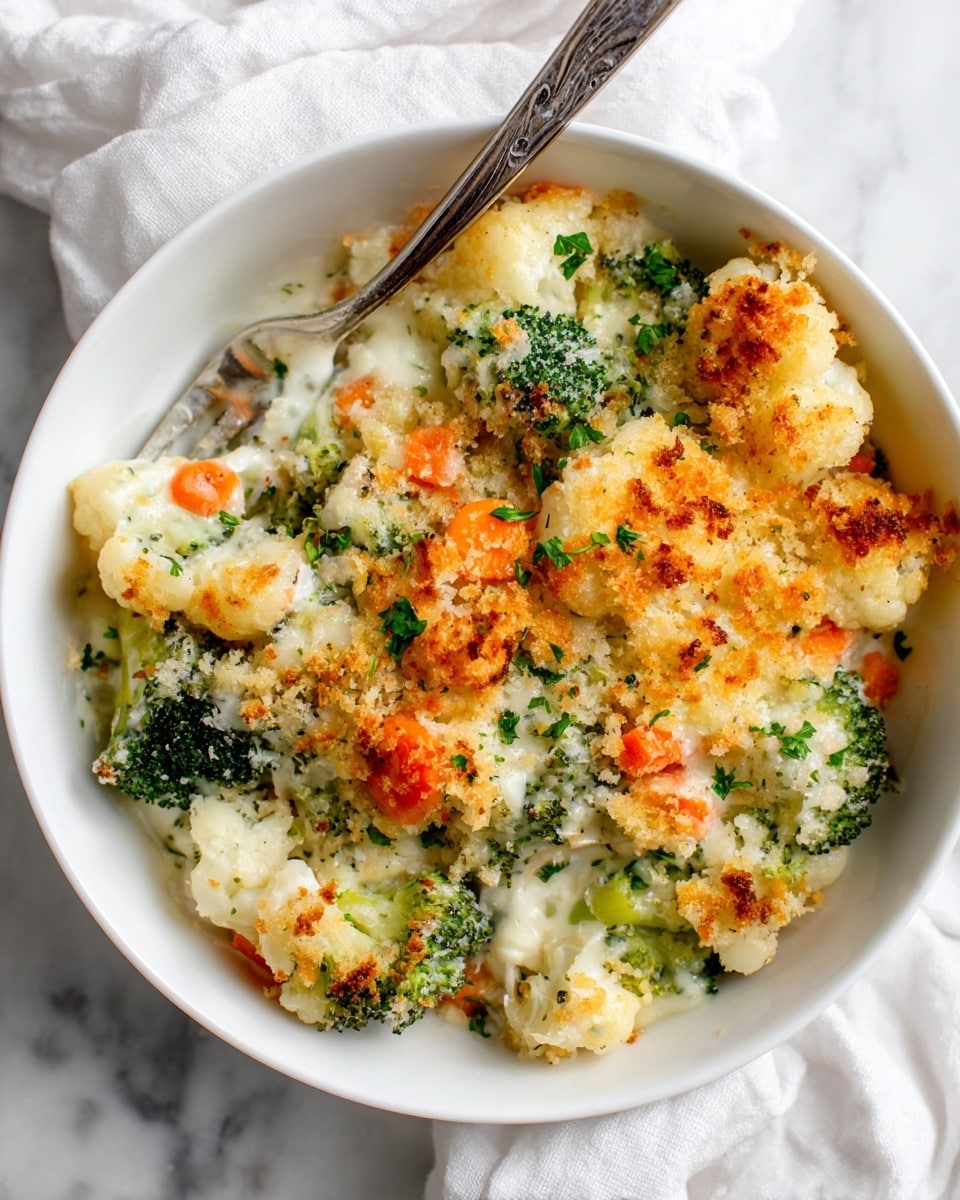 A white bowl filled with a creamy vegetable casserole showing three main layers: a base of soft white cauliflower florets mixed with bright green broccoli pieces and small orange carrot chunks, all covered in a melted white cheese sauce with a slightly glossy texture, and topped with a golden brown crispy breadcrumb crust sprinkled with bits of chopped parsley for a touch of green. A silver fork rests inside the bowl on a white marbled surface with a soft white cloth beside it. photo taken with an iphone --ar 4:5 --v 7