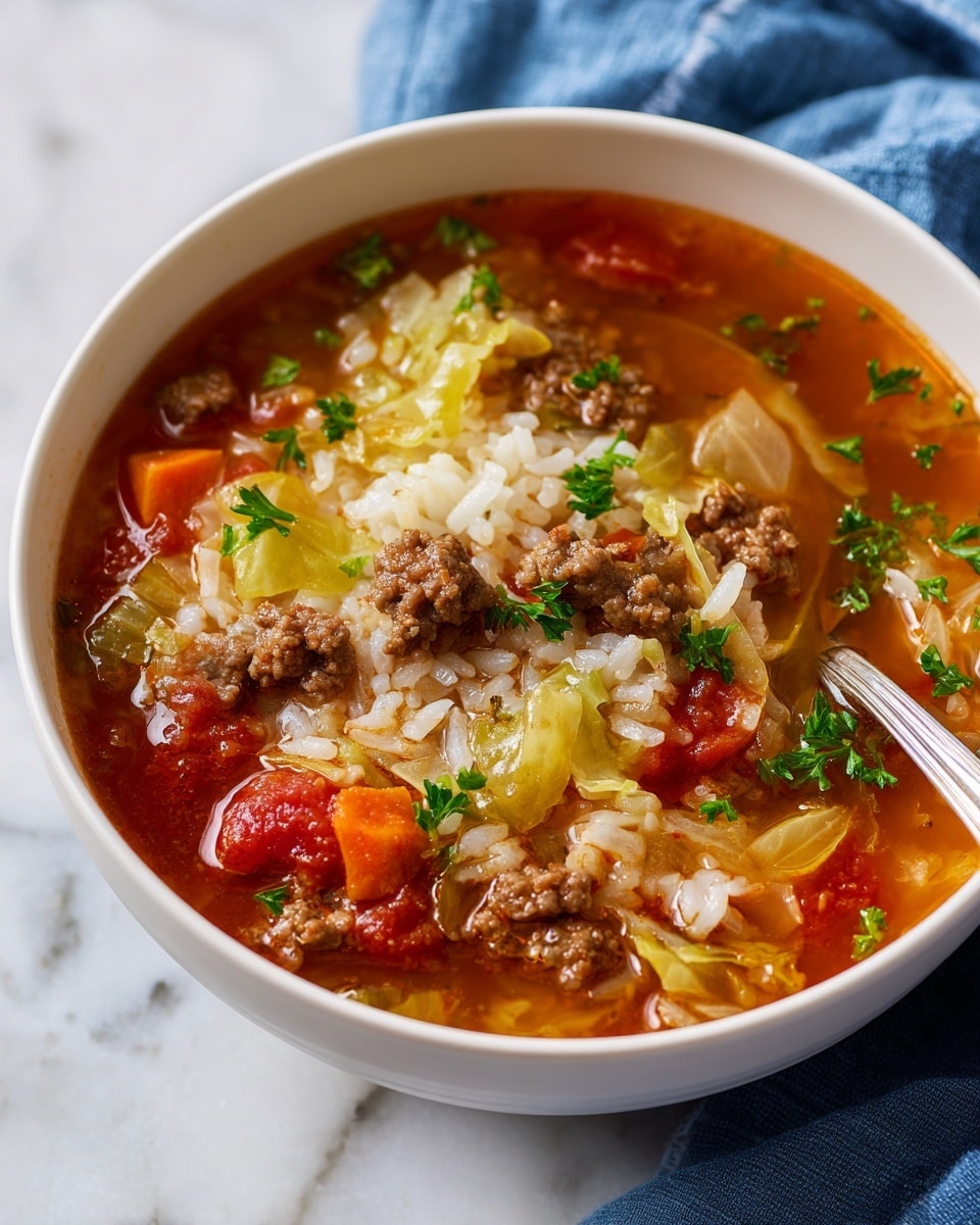 A white bowl filled with a rich soup showing visible layers of browned ground meat chunks, light green shredded cabbage pieces, small orange carrot slices, cooked white rice grains, and a deep red tomato-based broth. Small green parsley bits are sprinkled on top, adding a fresh contrast. The bowl is placed on a white marbled surface with a blue cloth partially visible beside it. Photo taken with an iphone --ar 4:5 --v 7