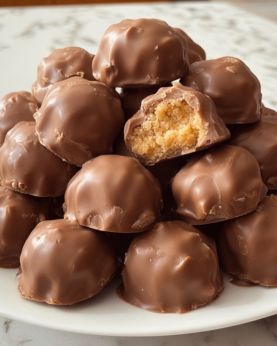 A white plate piled high with round, bite-sized treats covered in smooth, milk chocolate. The top layer is a shiny, slightly uneven chocolate shell with soft ridges, while the bottom layer peeks through in golden, crumbly texture, hinting at a crunchy or nutty center. The sweets are stacked closely together, showing their round shapes and rich, glossy coating. The white marbled surface below adds a clean, bright contrast to the warm brown tones of the chocolate. photo taken with an iphone --ar 4:5 --v 7