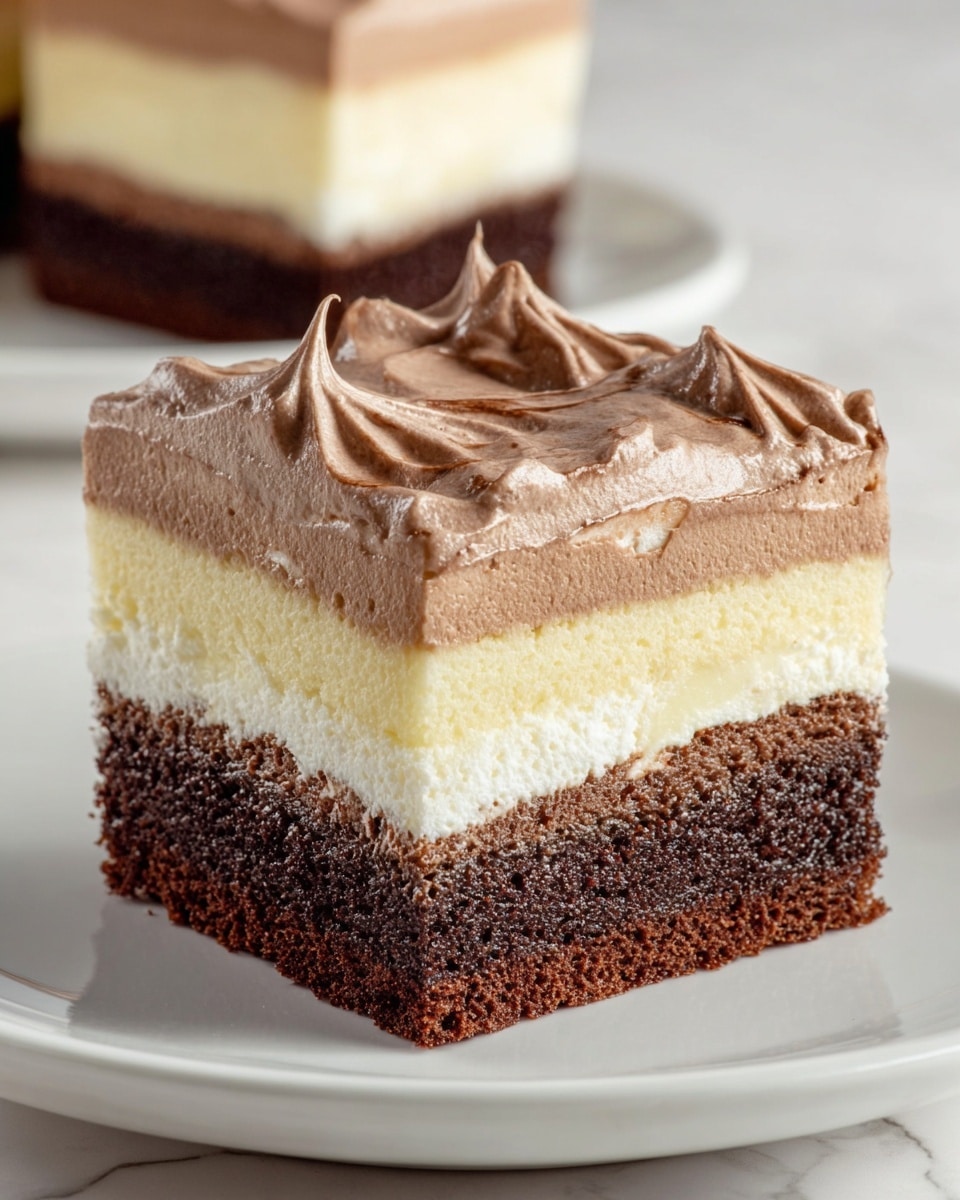A square piece of layered dessert sits on a white plate with a glossy white marbled surface beneath. The dessert has four distinct layers: at the bottom is a thin, dense dark brown crust, followed by a thick creamy pale yellow layer. Above this is a dark brown, moist cake layer with a slightly spongy texture. The top layer is thick, light brown whipped mousse-like cream with smooth peaks and a glossy finish. In the blurred background, another similar dessert piece sits on a white plate. Photo taken with an iphone --ar 4:5 --v 7