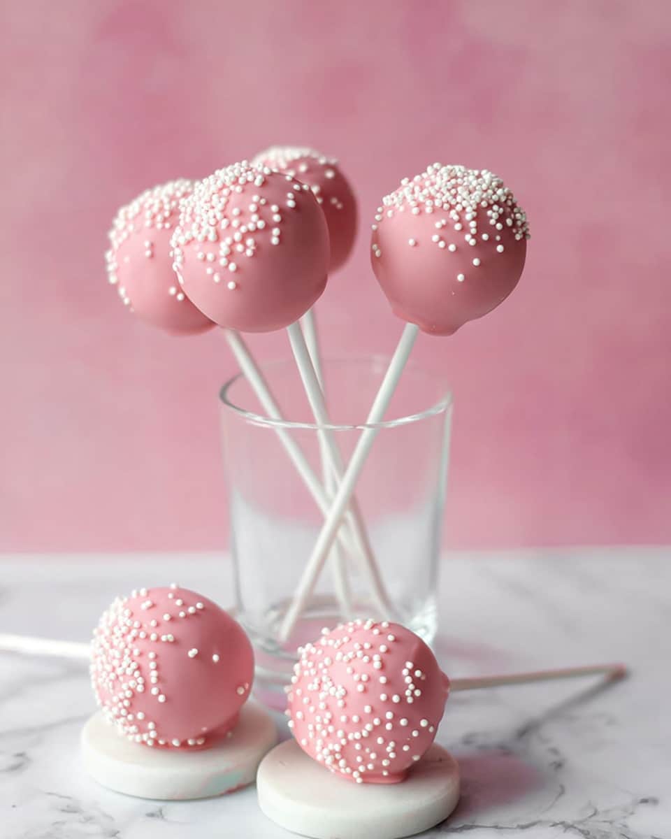 The image shows five pink cake pops decorated with small white round sprinkles. Three cake pops stand upright in a clear glass placed on two white marble coasters, while two cake pops lie on a white marbled surface around the glass. Each cake pop has one visible white stick and is evenly coated with smooth pink icing that gives a soft texture. The background is a solid light pink color, creating a soft and sweet look. photo taken with an iphone --ar 4:5 --v 7