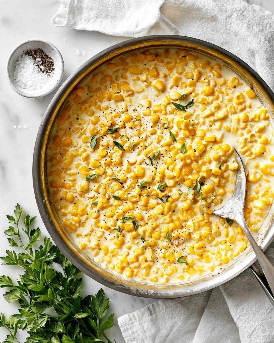 A close-up view of a stainless steel pan filled with creamy yellow corn kernels mixed in a thick white sauce with black pepper and small green herb pieces scattered on top. A silver spoon is partially dipped into the mixture on the right side of the pan. The pan sits on a white marble surface with fresh green parsley leaves and a small white bowl containing salt and black pepper placed nearby. A white cloth is folded in the background. The image has a bright and clean look with soft lighting. photo taken with an iphone --ar 4:5 --v 7