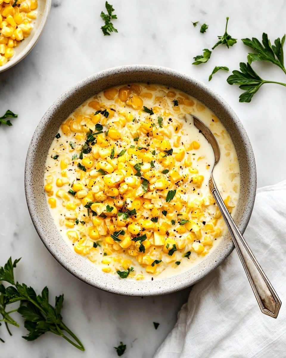 A grey textured bowl filled with creamy corn that has two visible layers: the base layer is a thick, smooth cream sauce with a pale yellow color, and the top layer is bright yellow corn kernels coated in the sauce, topped with small green parsley pieces and black pepper specks. A silver spoon rests inside the bowl, partially submerged in the creamy corn. The bowl sits on a white marbled surface with scattered fresh parsley leaves around and a white cloth partially visible on the lower right side. Photo taken with an iphone --ar 4:5 --v 7