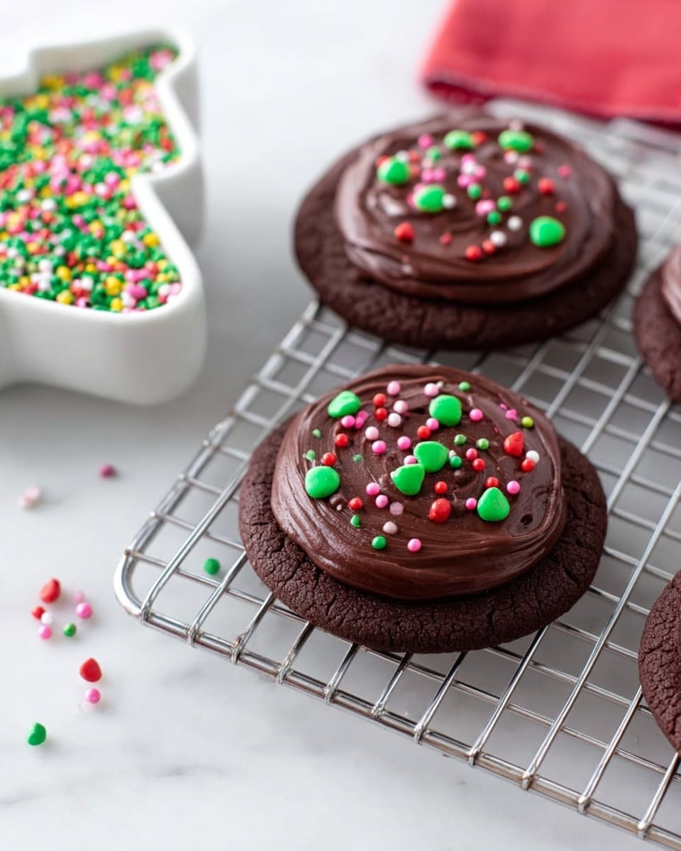 Three round chocolate cookies are placed on a silver cooling rack over a white marbled surface. Each cookie is topped with a smooth, thick layer of dark chocolate frosting that has a soft, shiny texture with gentle swirls on top. Bright pink, red, and green small round and teardrop-shaped sprinkles are scattered evenly over the frosting on each cookie. To the left of the cookies, there is a white bowl shaped like a Christmas tree filled with colorful round sprinkles, with some sprinkles scattered on the surface around it. The overall scene is bright and clean with a festive feel. photo taken with an iphone --ar 4:5 --v 7