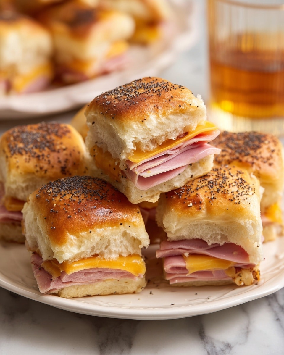 The image shows a white baking dish filled with nine small sandwiches arranged in a 3x3 grid. Each sandwich has a top layer of golden-brown, soft bread buns sprinkled with poppy seeds. Inside, there are layers of pink ham and melted orange cheddar cheese, along with a layer of melted white cheese. A metal spatula is lifting one sandwich, revealing the three layers inside and the soft texture of the bun. A woman's hand is holding the spatula, positioned over the white marbled surface. Photo taken with an iphone --ar 4:5 --v 7