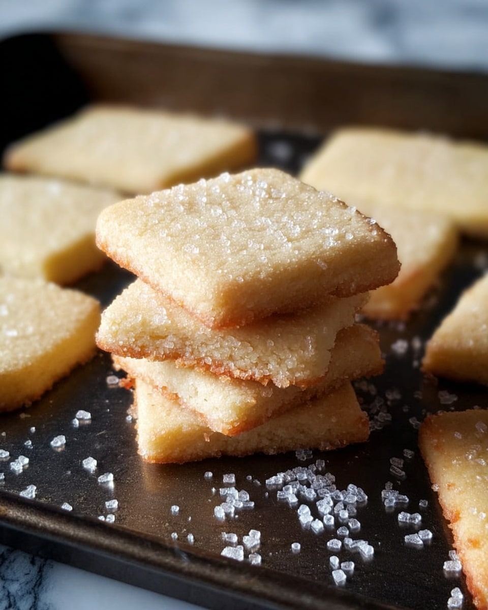 The image shows a close-up view of several square, light golden cookies stacked and spread on a dark baking tray. Each cookie has a soft, crumbly texture with a slight browning on the edges and is topped with coarse sugar crystals that glisten in the light. The stack in the center consists of three cookies, and scattered sugar crystals lie around them on the tray, adding sparkle. The background is slightly out of focus, showing more cookies on the tray. The surface beneath the tray has a white marbled texture. Photo taken with an iphone --ar 4:5 --v 7