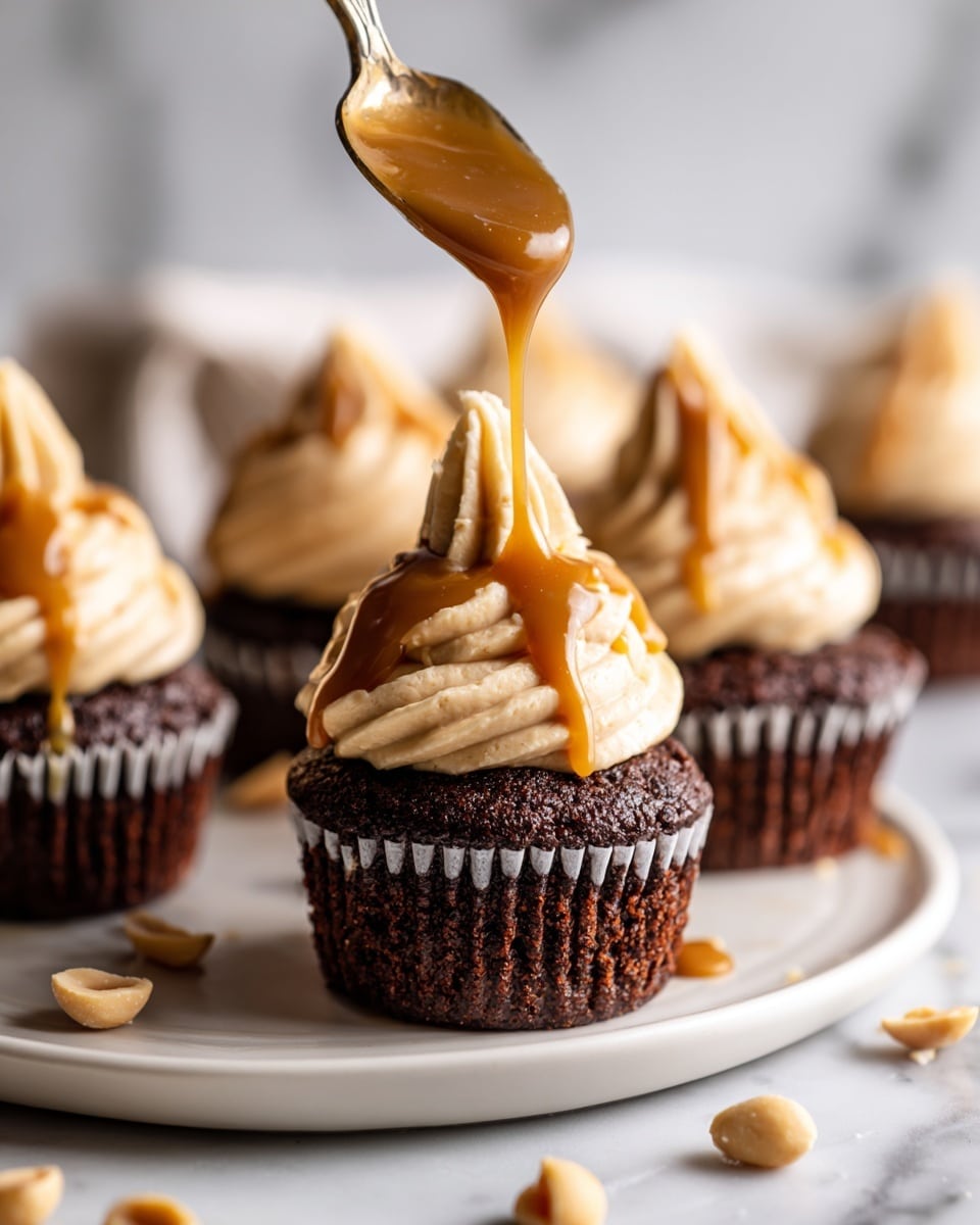 The image shows several small chocolate cupcakes arranged on a white plate placed on a white marbled surface. Each cupcake has two layers: the bottom dark brown chocolate cake base with a dense texture and the top layer of light tan creamy frosting swirled generously in a cone shape. A spoon held above the center cupcake is pouring thick golden caramel sauce that drips slowly over the frosting, adding shiny streaks and small drops. Scattered around the plate on the surface are whole peanuts, adding a crunchy element to the scene. The lighting highlights the glossy caramel and the soft texture of the frosting, making the cupcakes look rich and inviting. Photo taken with an iphone --ar 4:5 --v 7