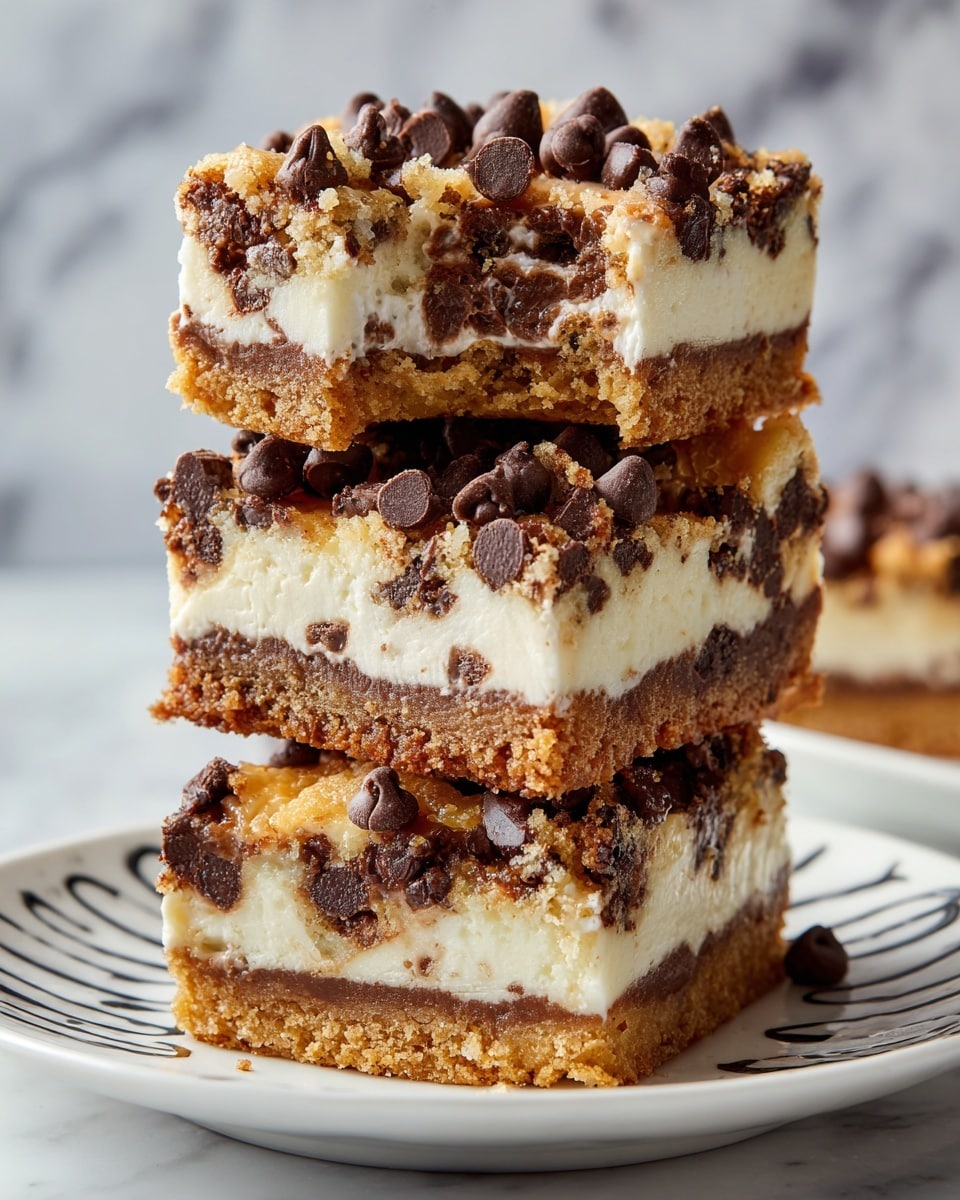 A stack of four chocolate chip cookie cheesecake bars is shown on a white plate with a black design. Each bar has three visible layers: a golden brown cookie crust at the bottom with a slightly crunchy texture, a creamy white cheesecake middle layer that looks smooth and rich, and a top cookie layer studded with melted dark chocolate chips giving a rough, crumbly finish. The bars are neatly cut into squares, and one piece at the top has a bite taken out of it, showing the textures clearly. The background features a white marbled texture. photo taken with an iphone --ar 4:5 --v 7