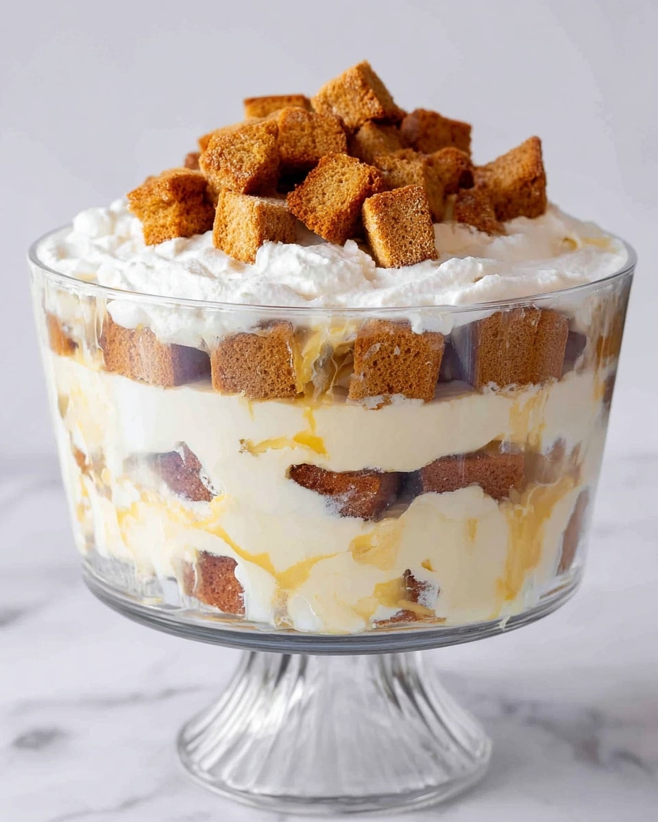 A clear glass trifle dish with three distinct layers of light brown cake cubes, separated by thick layers of white creamy pudding. The pudding layers have a smooth texture and some pale yellow custard streaks. On top, there is a thick, fluffy white cream layer crowned with a pile of more golden-brown cake cubes, arranged loosely. The dish is set against a white marbled background. photo taken with an iphone --ar 4:5 --v 7