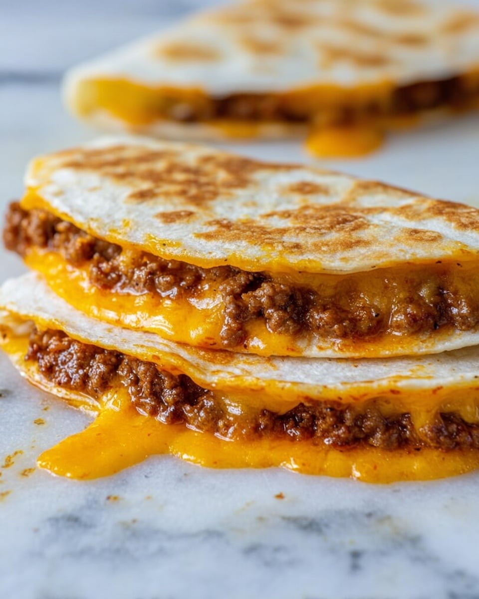 Six small white tortillas are laid flat on a baking tray lined with parchment paper, each topped with two layers: a shredded cheese layer that is a mix of white and yellow cheese covering half the tortilla, and next to it, a layer of cooked ground meat with a rich brown color and crumbly texture. The tortillas are evenly spaced in two rows of three, with the cheese on the right side and the meat on the left side on each tortilla. The baking tray has a dark, rustic texture with some wear marks, and the background is a white marbled surface. photo taken with an iphone --ar 4:5 --v 7
