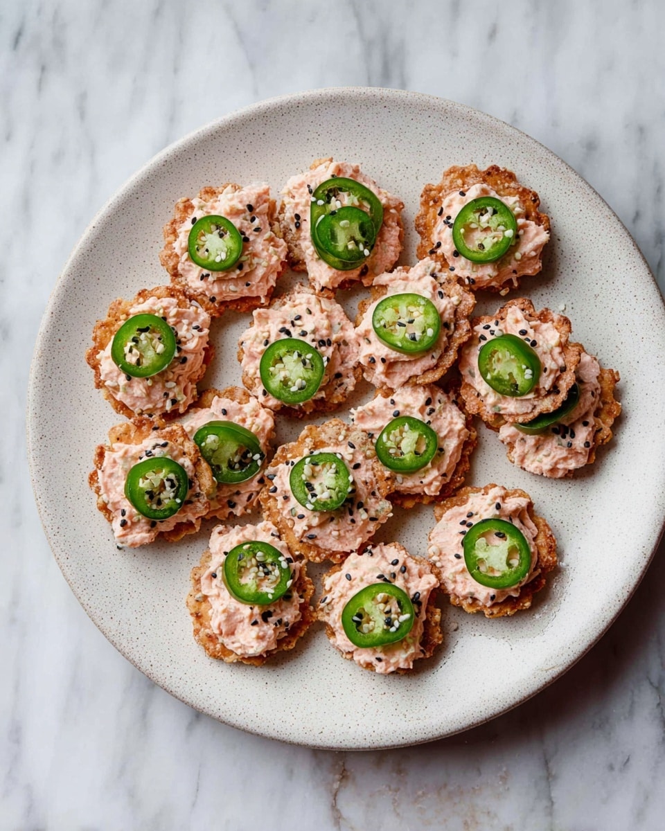 A white plate filled with about 15 small round crispy crackers, each topped with a pink creamy mixture, sprinkled with black sesame seeds, and a single green jalapeño slice on top. The crackers have a rough, crunchy texture with a golden-brown edge, and the pink topping looks smooth with small lumps, covering each cracker fully. The jalapeño slices are fresh and shiny, adding a vivid green color contrast to the dish. The plate rests on a white marbled surface. photo taken with an iphone --ar 4:5 --v 7