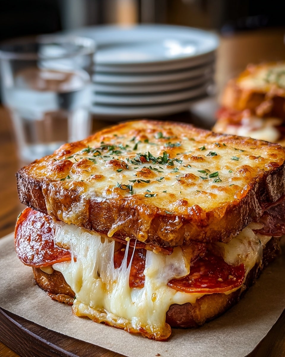 The image shows a thick square sandwich with three visible layers. The top layer is golden and bubbly melted cheese with some browned spots and sprinkled herbs. Below it is a layer of crispy toast bread with a light golden-brown crust. The middle layer is melted white cheese stretching out in gooey strings and slices of pepperoni with a rich red color. The bottom layer is another thick piece of toasted bread with a golden crust. The sandwich sits on parchment paper, placed on a wooden table with a blurred background of stacked white plates and a glass of water. Photo taken with an iphone --ar 4:5 --v 7