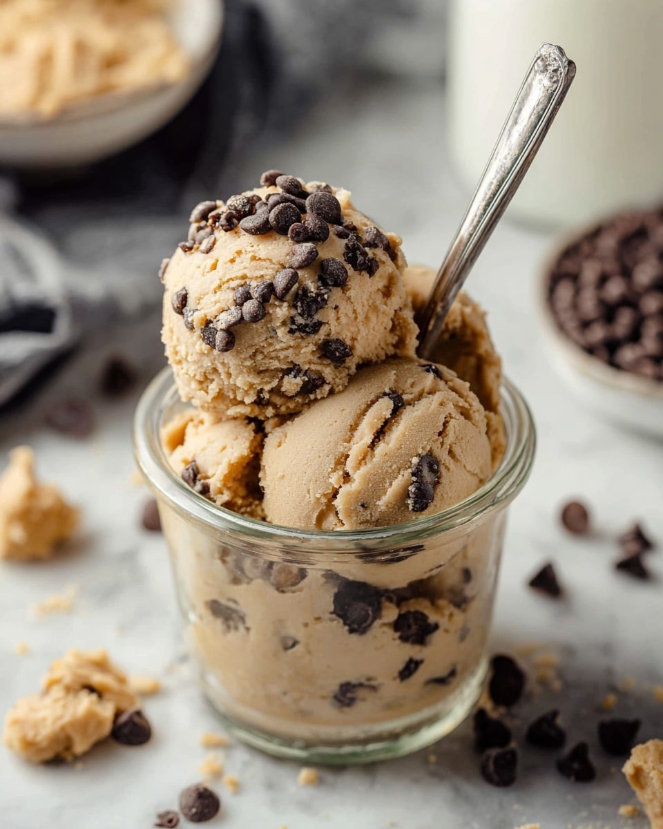 A clear glass jar filled with three scoops of light brown edible cookie dough mixed with dark chocolate chips. The top scoop is sprinkled with extra dark chocolate chips, making a contrast against the dough’s soft, slightly grainy texture. Around the jar on a white marbled surface are small clumps of dough and scattered chocolate chips. A silver spoon is sticking into the jar on the right side, and in the blurred background is a white container of milk and a bowl filled with more cookie dough. photo taken with an iphone --ar 4:5 --v 7