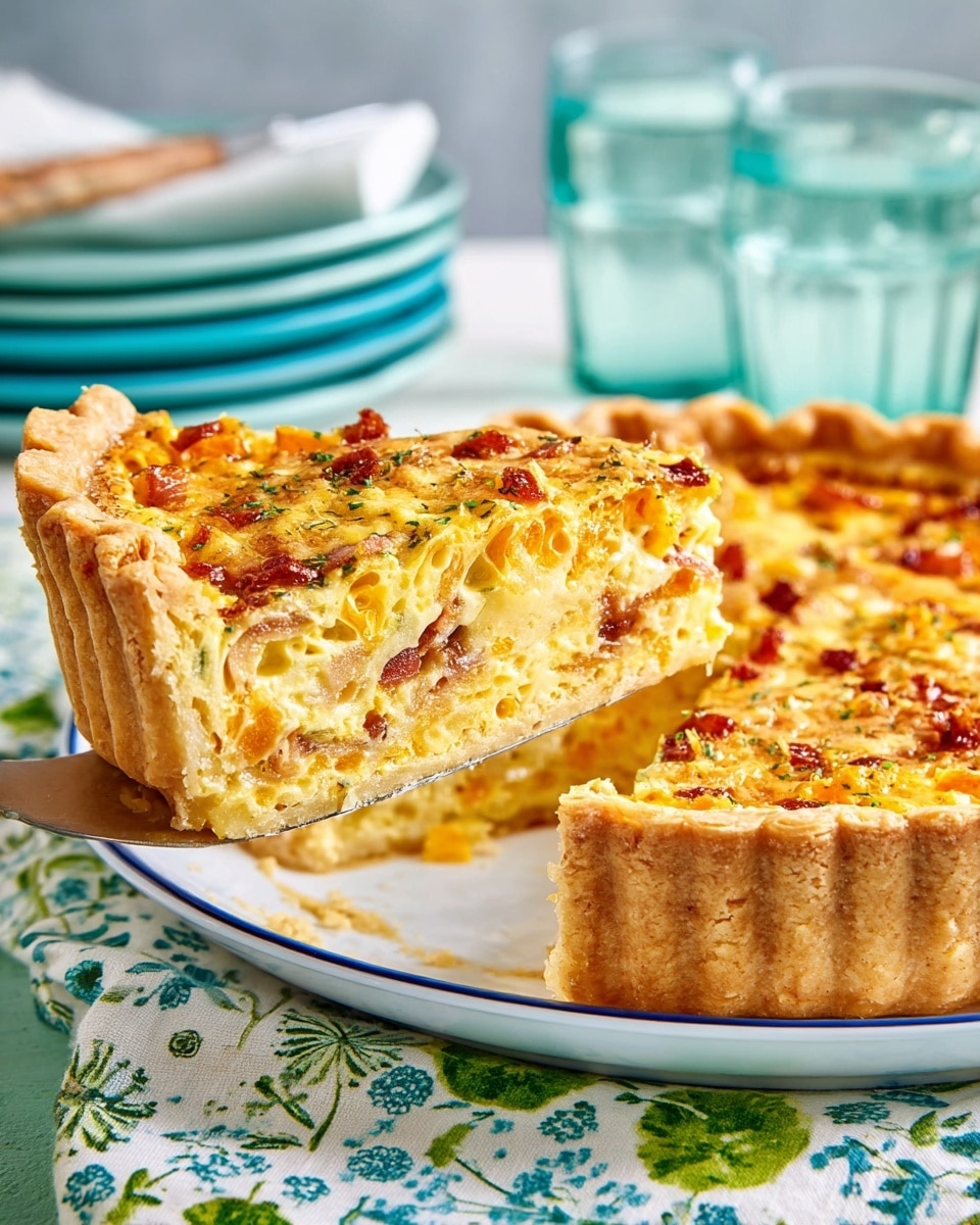 A slice of quiche being lifted from a whole quiche on a white plate with a thin blue rim, placed on a white marbled surface covered partly by a floral cloth with green and blue flowers. The quiche has a golden, flaky crust with a thick, firm edge. Inside, there are multiple layers of creamy yellow egg filling mixed with orange bits of cheese and darker red-brown pieces of bacon, showing a textured, slightly airy interior. The top layer is lightly browned with a smooth, baked surface, creating an appetizing contrast. In the background, there's a soft-focus of stacked blue plates and two clear glasses of water, adding a casual dining setting. Photo taken with an iphone --ar 4:5 --v 7