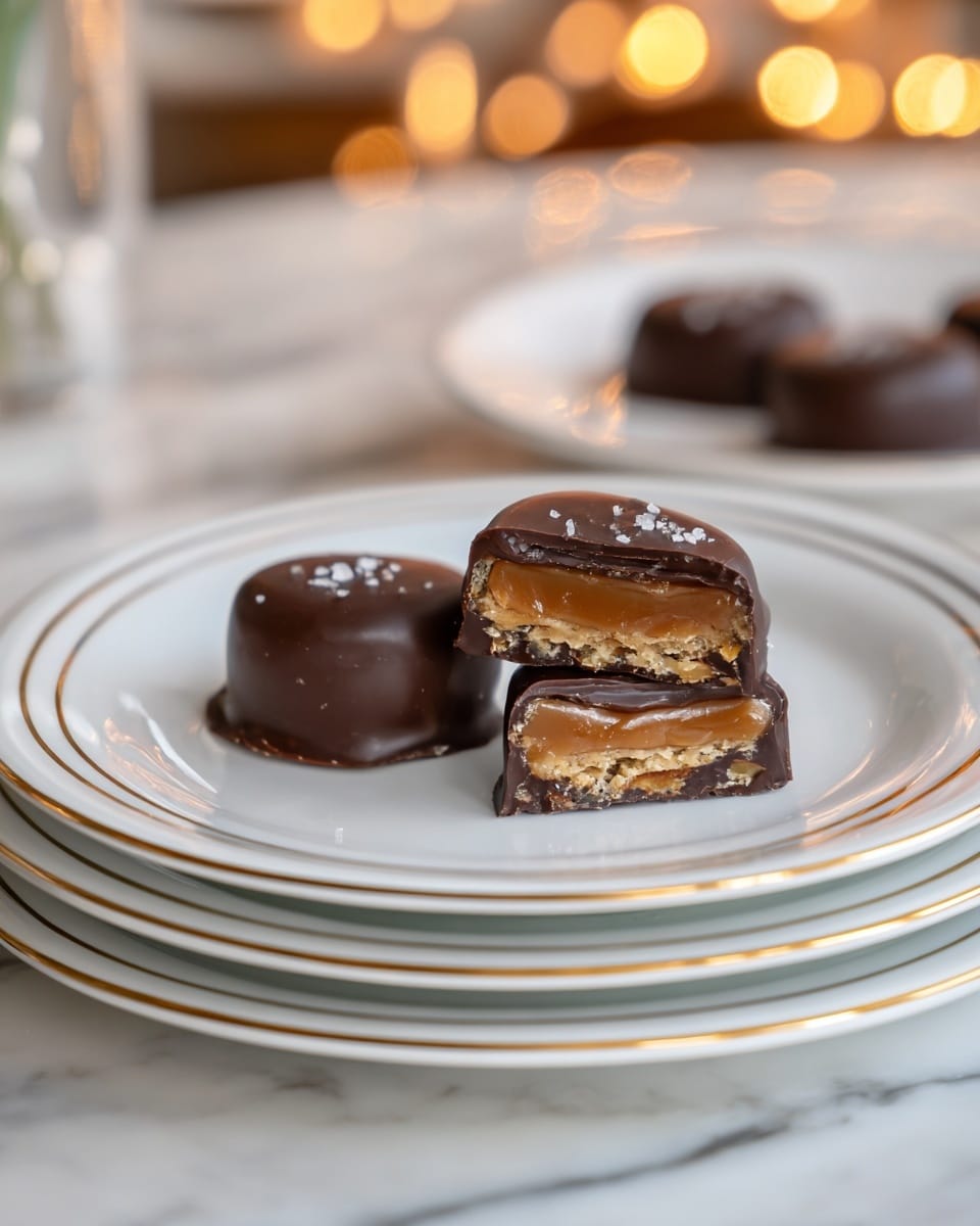 A close-up view of a pile of round chocolate-covered clusters on a white plate. Each cluster is coated with smooth, dark brown chocolate that has a shiny finish, with a slightly bumpy texture showing the nuts or other ingredients inside. Small, coarse sea salt flakes are scattered on top of the chocolate, adding a contrast of white against the dark chocolate. The clusters are stacked casually, showing different heights and shapes, with soft natural lighting enhancing their glossy surface, all set on a white marbled texture. photo taken with an iphone --ar 4:5 --v 7