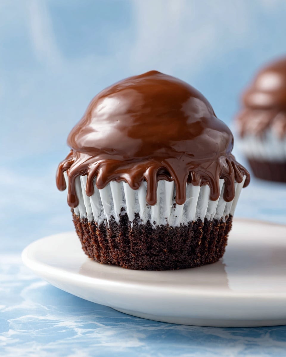 The image shows a close-up of a cupcake with three clear layers: the bottom layer is a dark chocolate cake base visible through a white paper liner, the middle layer is a thick, glossy milk chocolate coating that drips slightly down the sides, and the top layer is a shiny, smooth chocolate ganache swirled in a rounded peak. The cupcake is placed on a white round plate with curved edges, and the plate sits on a blue surface replaced by a white marbled texture. The background is softly blurred in light blue shades. Photo taken with an iphone --ar 4:5 --v 7