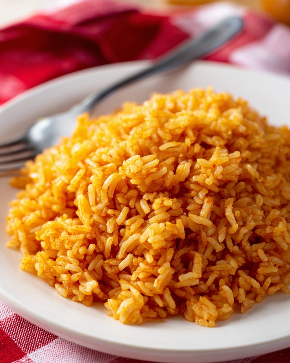 This image shows a close-up of a heap of orange-colored rice with a soft, fluffy texture on a white plate. The rice grains are well separated and have a slightly shiny appearance, indicating they are cooked and lightly coated with sauce or seasoning. In the background, a silver fork rests on the plate, partially blurred, and the plate sits on a red and white checkered cloth. The overall scene is bright with vibrant colors. Photo taken with an iphone --ar 4:5 --v 7