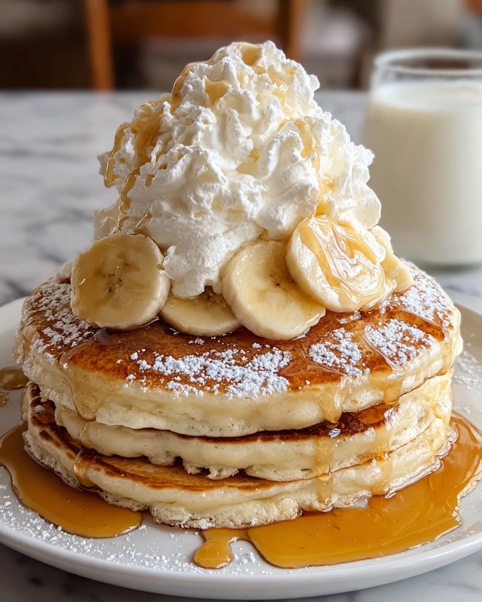 A stack of three thick pancakes on a white plate sits on a white marbled surface. The bottom layer is a golden brown pancake, the middle layer is a slightly lighter golden pancake, and the top layer is a similar golden pancake dusted with white powdered sugar. On top, there is a generous mound of thick white whipped cream with slices of banana mixed in, all drizzled with amber-colored syrup that trickles down the sides and pools around the base of the pancakes. In the blurred background, there is a glass of milk. photo taken with an iphone --ar 4:5 --v 7