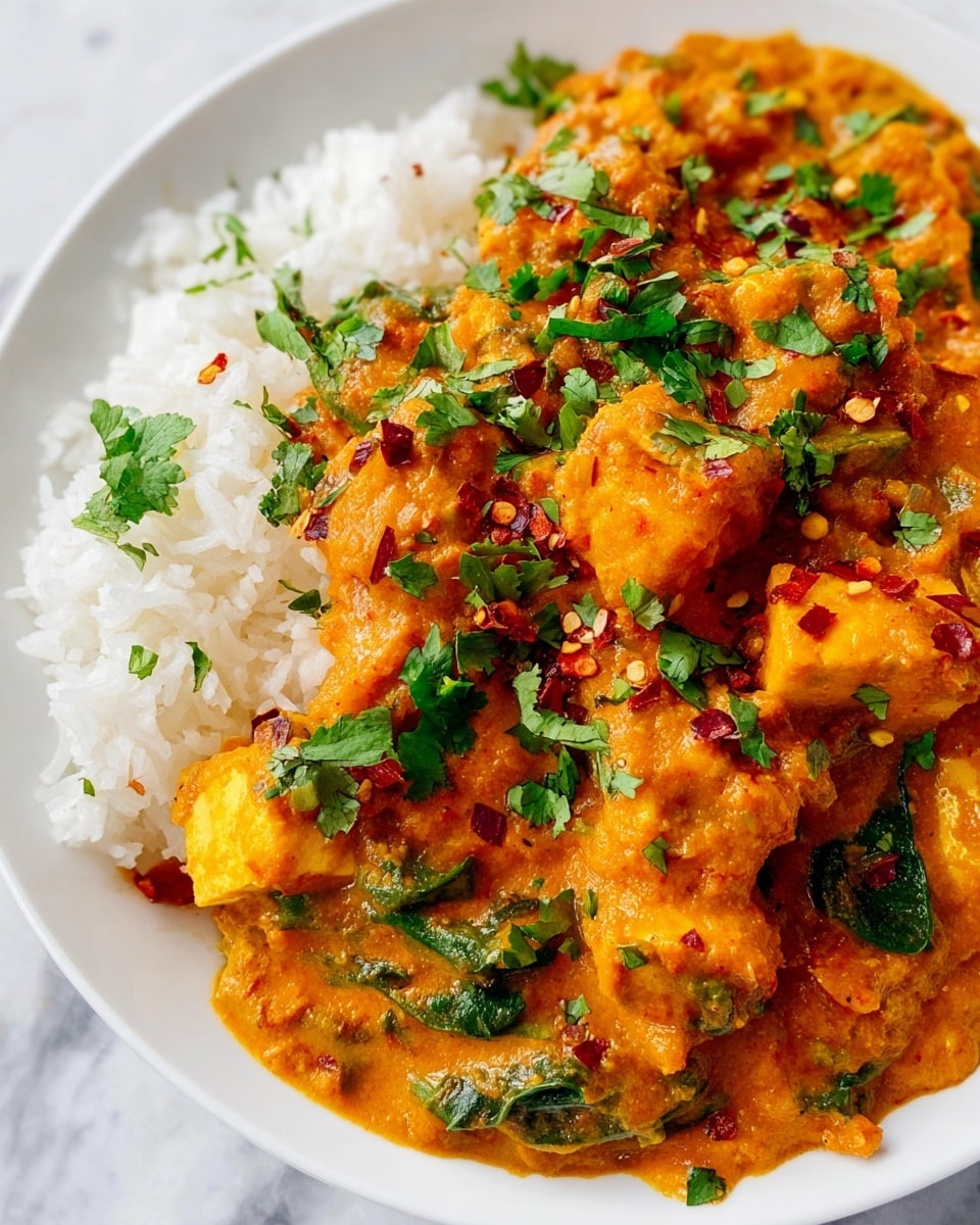 A close-up view of a dish showing a thick orange curry with visible chunks of golden tofu and green spinach leaves mixed throughout. The curry sauce looks creamy with small bits of red chili flakes and fresh chopped cilantro scattered on top, giving it a slightly textured look. On the left side of the white plate, there is a portion of white rice with some cilantro garnish. The food sits on a white marbled surface, making the colors of the curry and rice stand out clearly. photo taken with an iphone --ar 4:5 --v 7