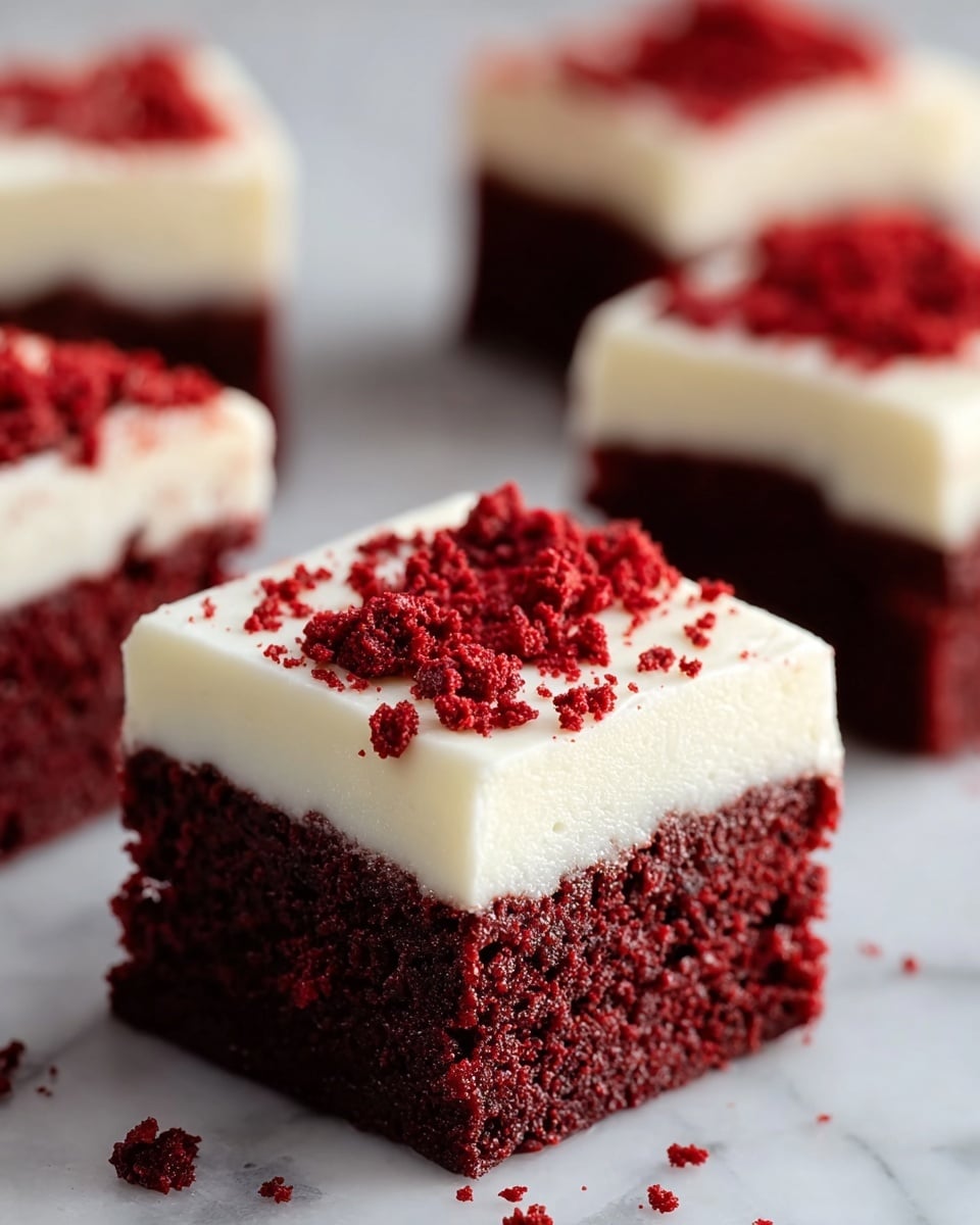 The image shows a square piece of red velvet cake with two layers. The bottom layer is a rich, dark red, soft and crumbly cake. The top layer is smooth, creamy white frosting, about one-third the thickness of the cake layer, with small red cake crumbs sprinkled on top. The cake sits on a white marbled surface, and there are a few crumbs around it. In the background, there are three more pieces of the same cake blurred out. photo taken with an iphone --ar 4:5 --v 7