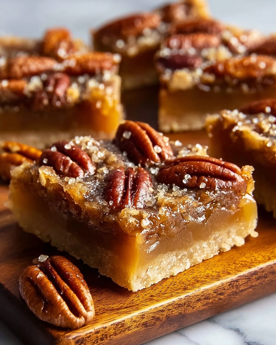 The image shows a close-up of pecan bars cut into square pieces and placed on a wooden board. Each bar has three visible layers: a light beige crumbly crust on the bottom, a thick middle layer of golden sticky caramel-like filling, and a top layer covered with whole glossy brown pecan halves and small chopped nuts embedded in the caramel. The surface looks shiny and slightly sticky, with pecans glossy and textured. The background is a white marbled texture. photo taken with an iphone --ar 4:5 --v 7