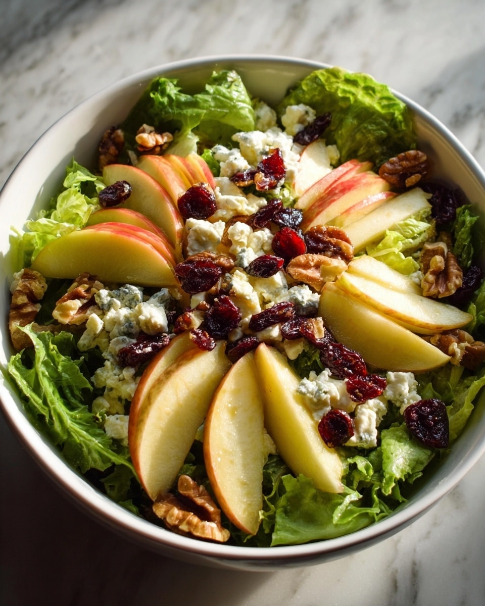 A white bowl filled with a fresh salad that has three main layers: at the bottom, bright green leafy lettuce with ruffled edges; on top, thin slices of pale yellow apple with red edges, arranged in a circular pattern; scattered over the apples are chunks of white crumbly cheese, dark red dried cranberries, and brown walnuts. The textures show a mix of smooth apple surfaces, crumbly cheese, and rough walnut pieces. The bowl is placed on a white marbled surface with soft light highlighting the colors. Photo taken with an iphone --ar 4:5 --v 7