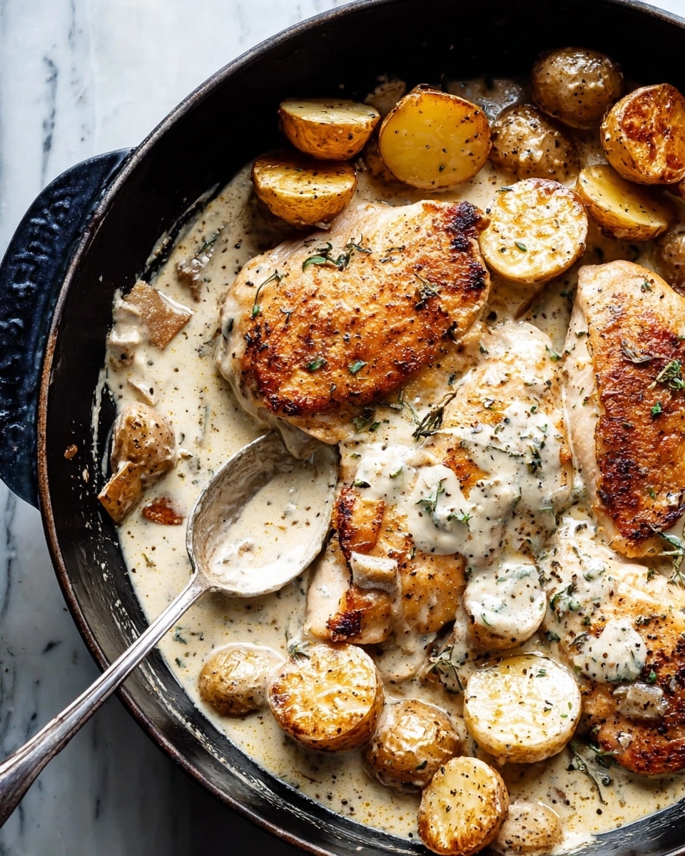 A black skillet filled with two large pieces of golden-brown chicken breast, covered with a thick, creamy white sauce that has specks of herbs and pepper. Around the chicken, there are halved baby potatoes with a crisp, browned surface, some partially covered by the sauce. A silver spoon with some potatoes rests inside the skillet, showing the texture of the sauce and potatoes up close. The skillet sits on a white marbled textured surface. photo taken with an iphone --ar 4:5 --v 7