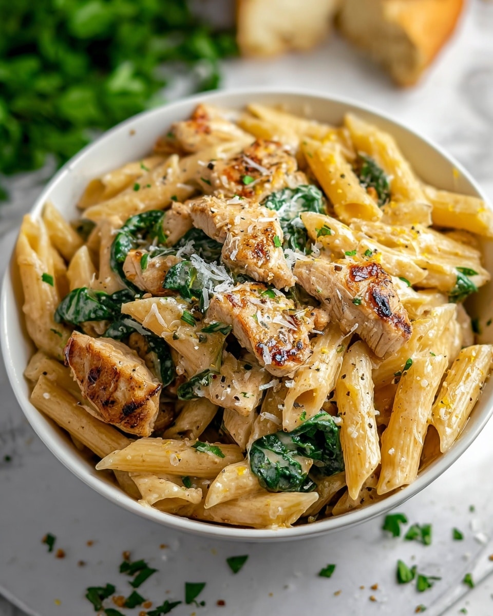 A white bowl full of creamy penne pasta with cooked chicken pieces and green spinach mixed in. The penne pasta is light golden and coated in a creamy sauce, while the chicken pieces are browned with a slight char on the edges. Fresh bright green spinach leaves are scattered throughout the dish, adding a pop of color. The pasta is topped with finely grated cheese and small flecks of black pepper and herbs. The bowl sits on a white marbled surface with some parsley pieces scattered around and a piece of bread blurred in the background. photo taken with an iphone --ar 4:5 --v 7