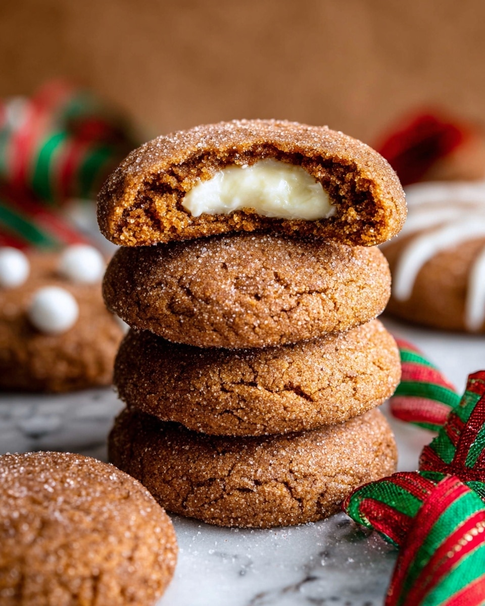 The image shows a stack of four round, soft-looking brown cookies with a crumbly texture, dusted lightly with sugar. The top cookie has a bite taken out of it, revealing a creamy white filling inside, which looks smooth and soft. Around the stack are more cookies of the same type placed on a white marbled surface, along with a colorful red, green, and yellow striped ribbon adding a festive touch. In the background, some cookies decorated with white icing and small white sugar pearls can be seen out of focus. photo taken with an iphone --ar 4:5 --v 7