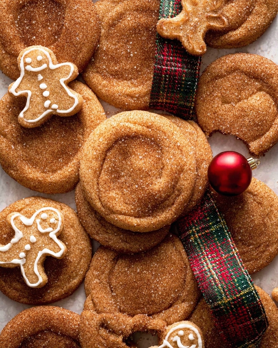 The image shows a close-up top view of a group of round cinnamon sugar cookies that are golden brown with a slightly cracked surface textured with sugar grains. One cookie near the center has a bite taken out, revealing a soft inside. Scattered between the round cookies are small gingerbread men decorated with white icing, with smiling faces and simple patterns on their arms and legs. A red, green, and gold plaid ribbon weaves through the cookies, adding a festive look alongside a small, shiny, red Christmas ornament ball. The cookies and decorations rest on a white marbled surface. photo taken with an iphone --ar 4:5 --v 7
